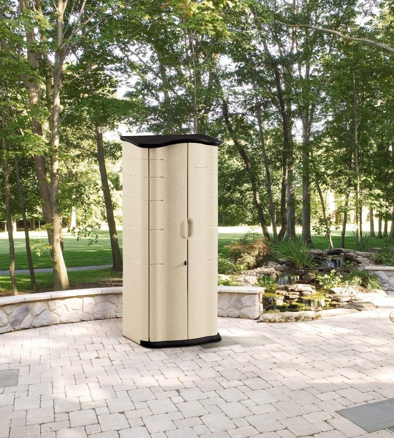 image:imageRubbermaid Compact Vertical Resin Storage Shed With Floor 2 x 25 Ft Weather Resistant BeigeBrown Organization for HomeBackyardGarden ToolsPorchPatio CushionsPool ChemicalsToys