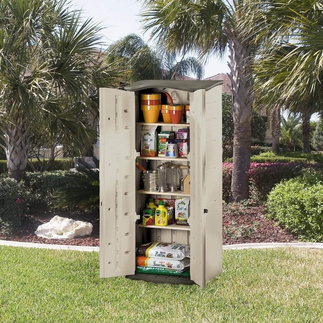 image:imageRubbermaid Compact Vertical Resin Storage Shed With Floor 2 x 25 Ft Weather Resistant BeigeBrown Organization for HomeBackyardGarden ToolsPorchPatio CushionsPool ChemicalsToys