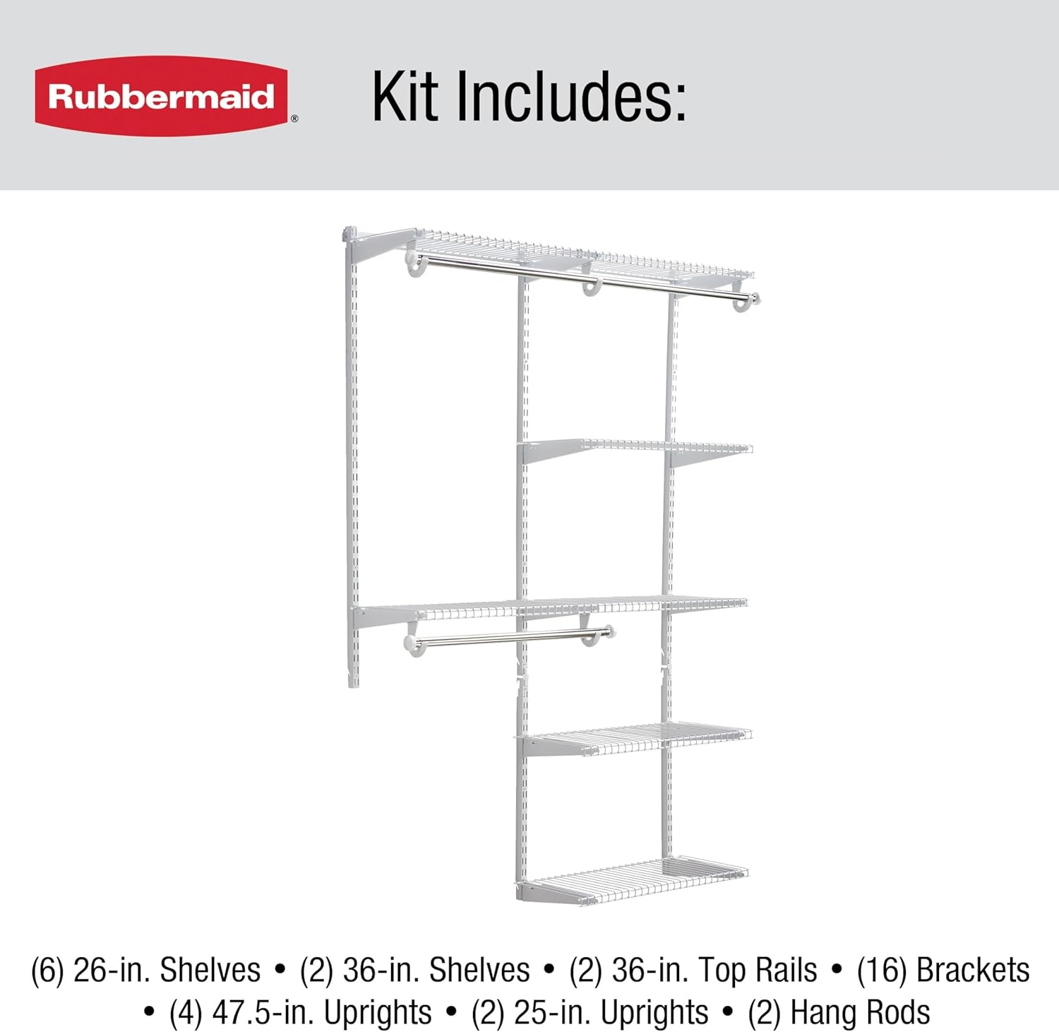 image:imageRubbermaid Configurations Deluxe Custom Closet Kit 36 Ft Adjustable Metal Wire Shelving Titanium Finish Expandable Organization System Hardware Included for Home ClosetPantryLaundryMudroomWhite