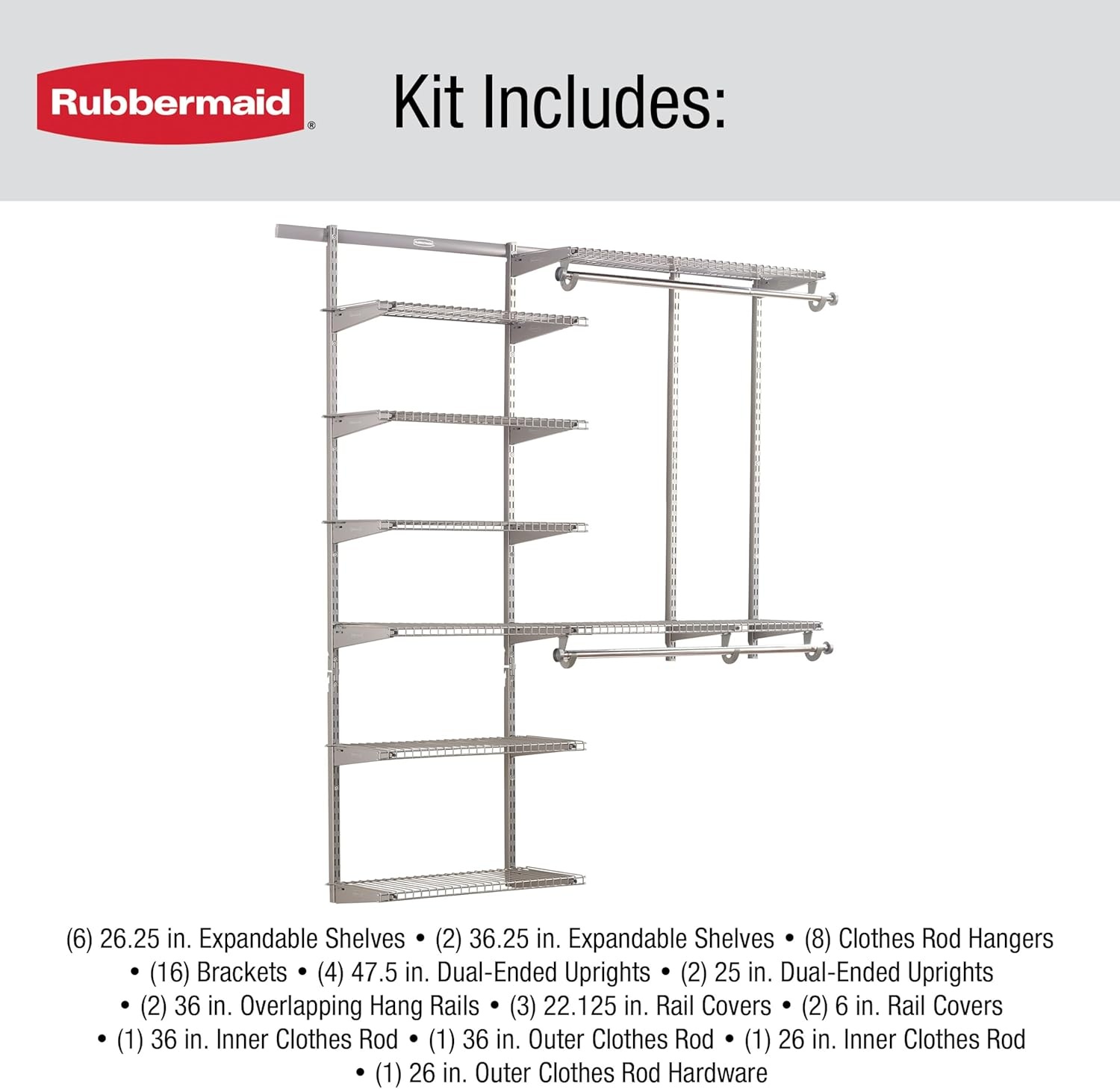 image:imageRubbermaid Configurations Deluxe Custom Closet Kit 36 Ft Adjustable Metal Wire Shelving Titanium Finish Expandable Organization System Hardware Included for Home ClosetPantryLaundryMudroomTitanium