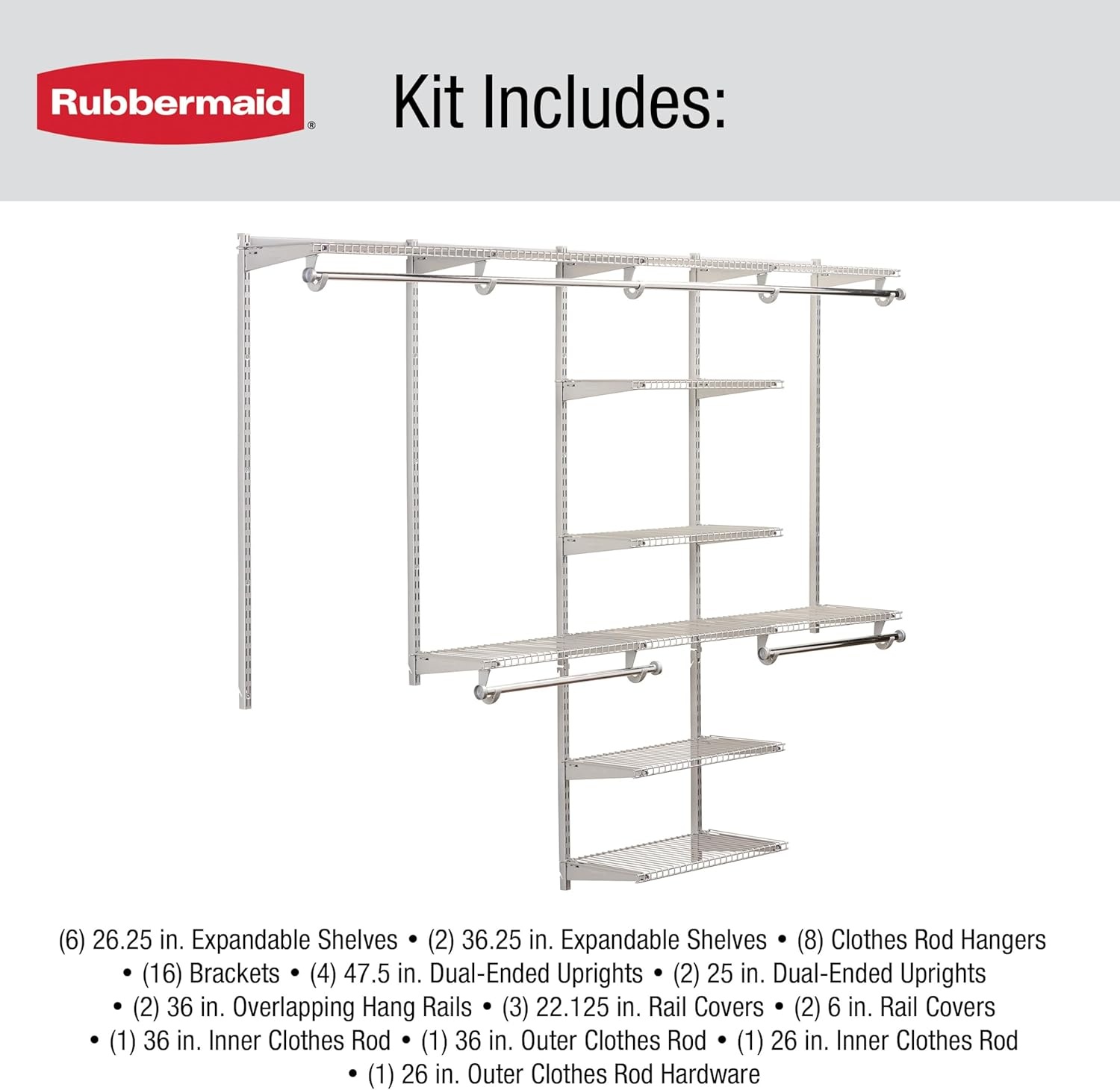 image:imageRubbermaid Configurations Deluxe Custom Closet Kit 36 Ft Adjustable Metal Wire Shelving Titanium Finish Expandable Organization System Hardware Included for Home ClosetPantryLaundryMudroomTitanium