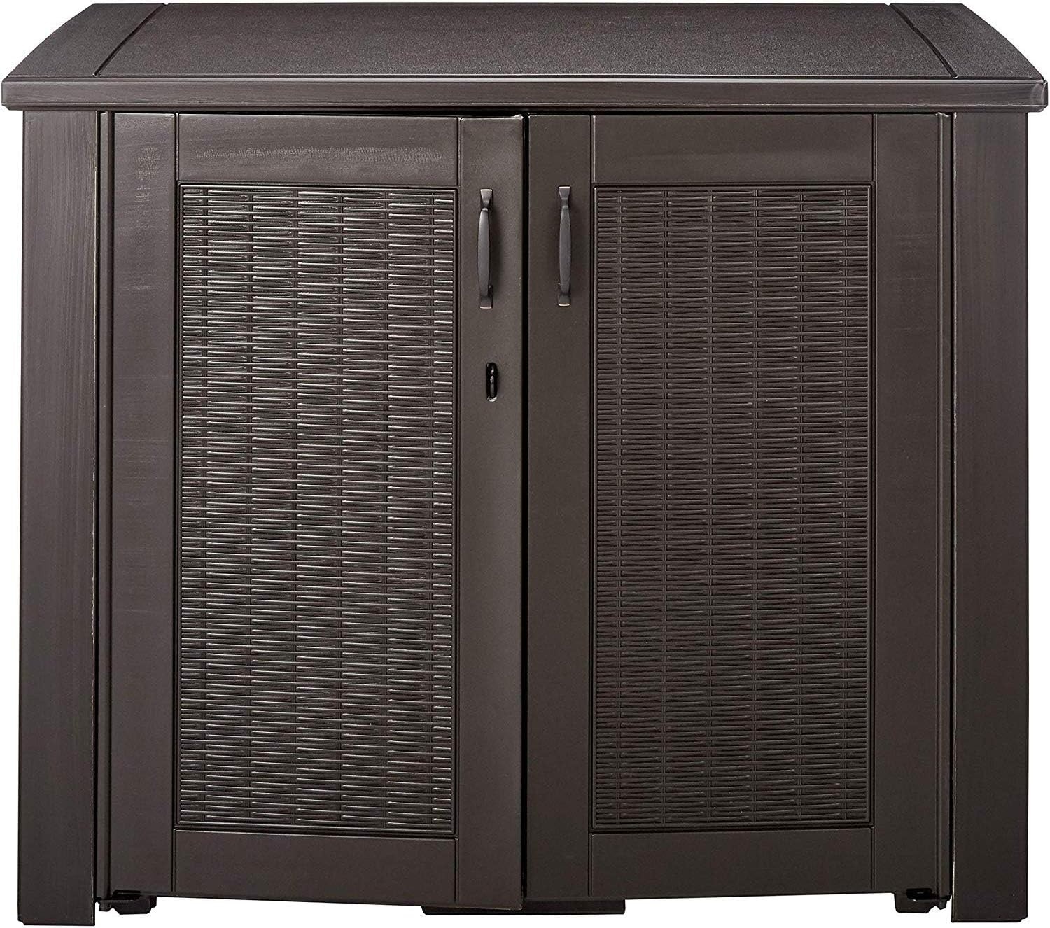 image:imageRubbermaid Decorative Outdoor Storage Cabinet 123 Gal Weather Resistant Brown Organization for HomeBackyardPool ChemicalsToysGarden ToolsPorchPatio CushionsBlack Oak