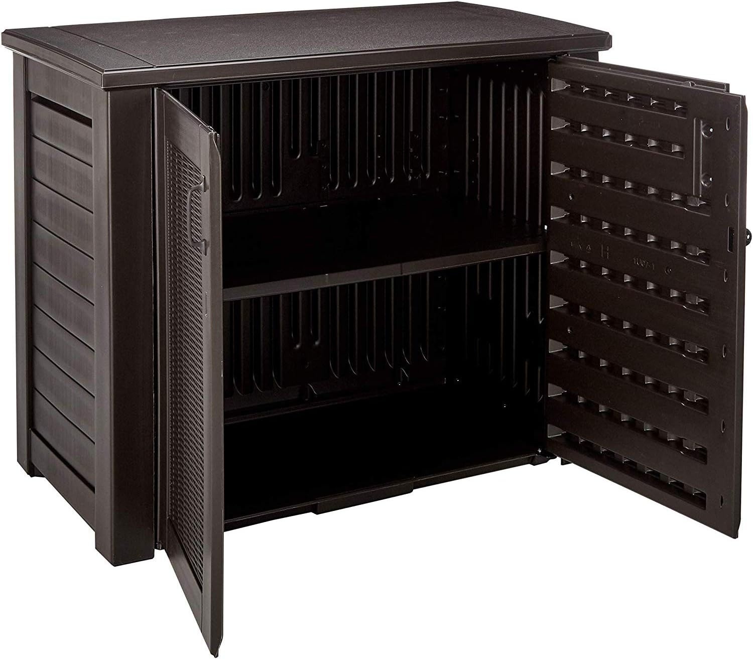 image:imageRubbermaid Decorative Outdoor Storage Cabinet 123 Gal Weather Resistant Brown Organization for HomeBackyardPool ChemicalsToysGarden ToolsPorchPatio CushionsBlack Oak
