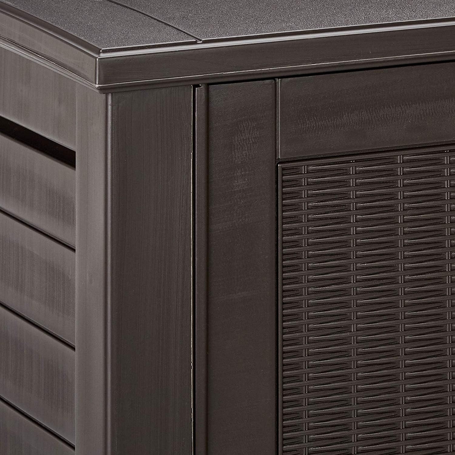 image:imageRubbermaid Decorative Outdoor Storage Cabinet 123 Gal Weather Resistant Brown Organization for HomeBackyardPool ChemicalsToysGarden ToolsPorchPatio CushionsBlack Oak
