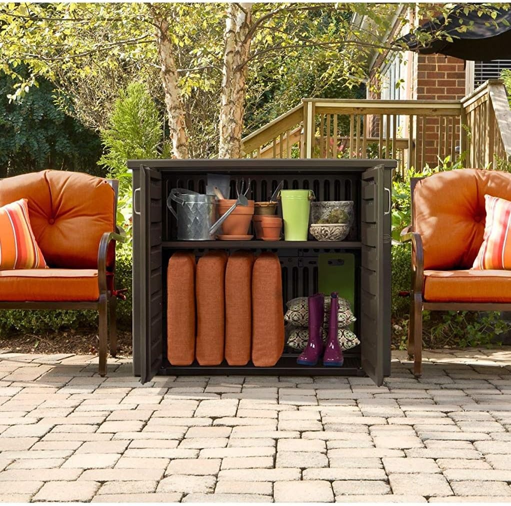 image:imageRubbermaid Decorative Outdoor Storage Cabinet 123 Gal Weather Resistant Brown Organization for HomeBackyardPool ChemicalsToysGarden ToolsPorchPatio CushionsBlack Oak