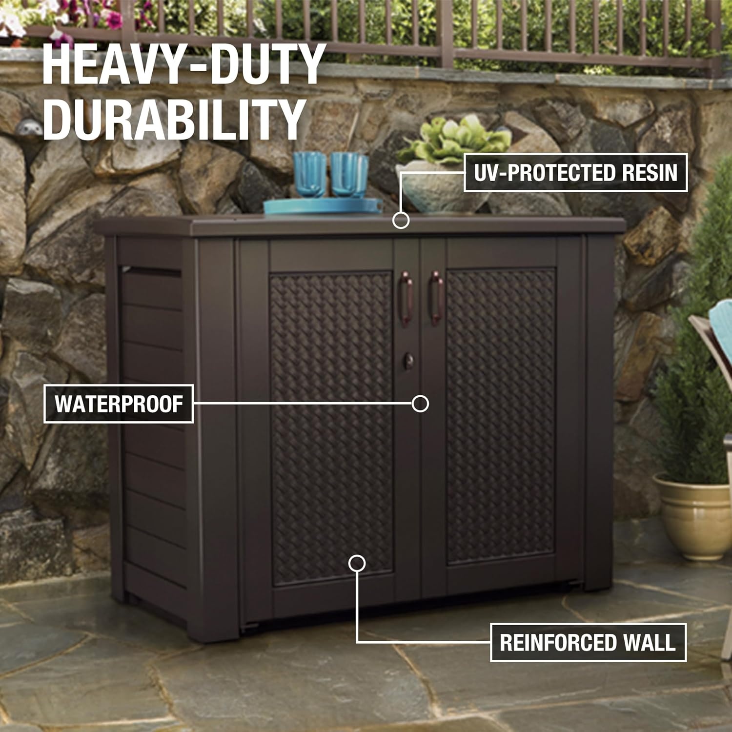 image:imageRubbermaid Decorative Outdoor Storage Cabinet 123 Gal Weather Resistant Brown Organization for HomeBackyardPool ChemicalsToysGarden ToolsPorchPatio CushionsDark Teak