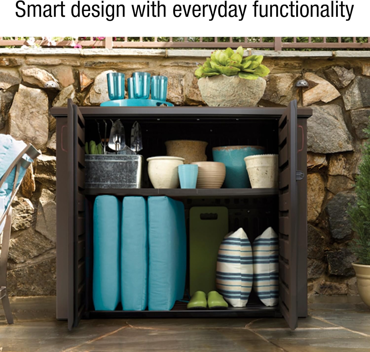 image:imageRubbermaid Decorative Outdoor Storage Cabinet 123 Gal Weather Resistant Brown Organization for HomeBackyardPool ChemicalsToysGarden ToolsPorchPatio CushionsDark Teak