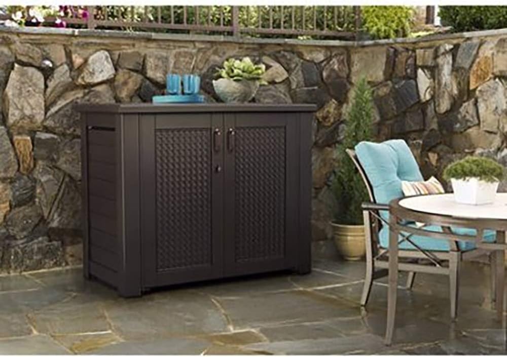 image:imageRubbermaid Decorative Outdoor Storage Cabinet 123 Gal Weather Resistant Brown Organization for HomeBackyardPool ChemicalsToysGarden ToolsPorchPatio CushionsDark Teak