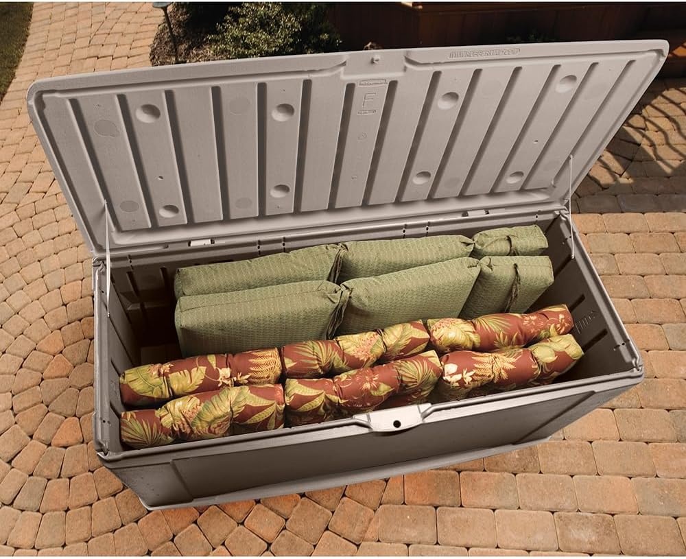image:imageRubbermaid Extra Large Resin Outdoor Storage Deck Box with Seat 120 Gal Weather Resistant Brown Deck Organization for HomeBackyardPool ChemicalsToysGarden ToolsPorchPatio CushionsExtra Large