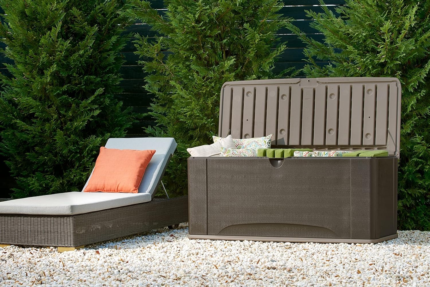 image:imageRubbermaid Extra Large Resin Outdoor Storage Deck Box with Seat 120 Gal Weather Resistant Brown Deck Organization for HomeBackyardPool ChemicalsToysGarden ToolsPorchPatio CushionsExtra Large