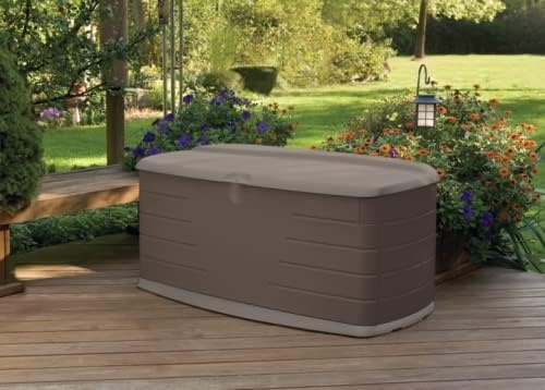 image:imageRubbermaid Extra Large Resin Outdoor Storage Deck Box with Seat 120 Gal Weather Resistant Brown Deck Organization for HomeBackyardPool ChemicalsToysGarden ToolsPorchPatio CushionsLarge