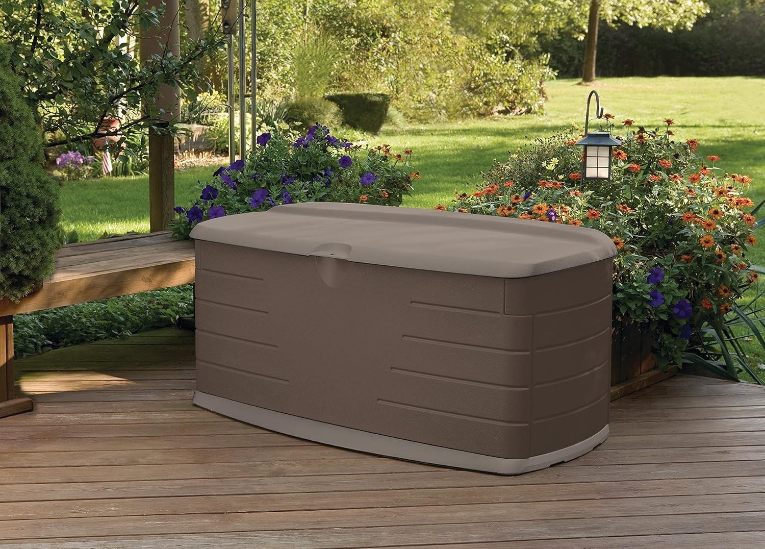 image:imageRubbermaid Extra Large Resin Outdoor Storage Deck Box with Seat 120 Gal Weather Resistant Brown Deck Organization for HomeBackyardPool ChemicalsToysGarden ToolsPorchPatio CushionsLarge