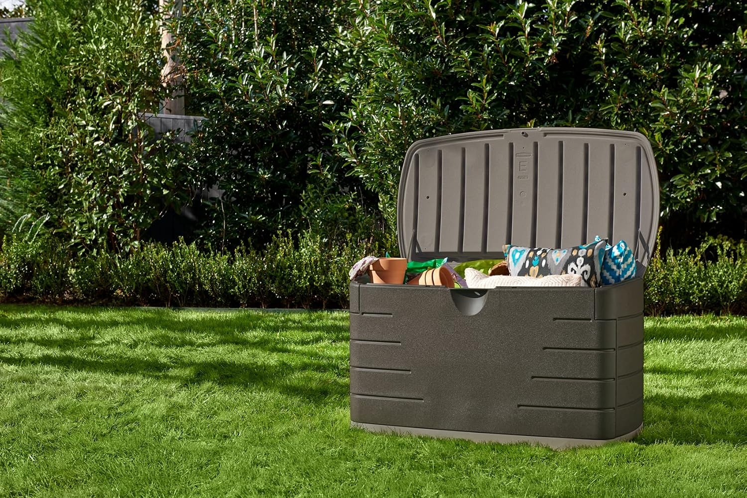image:imageRubbermaid Extra Large Resin Outdoor Storage Deck Box with Seat 120 Gal Weather Resistant Brown Deck Organization for HomeBackyardPool ChemicalsToysGarden ToolsPorchPatio CushionsMedium