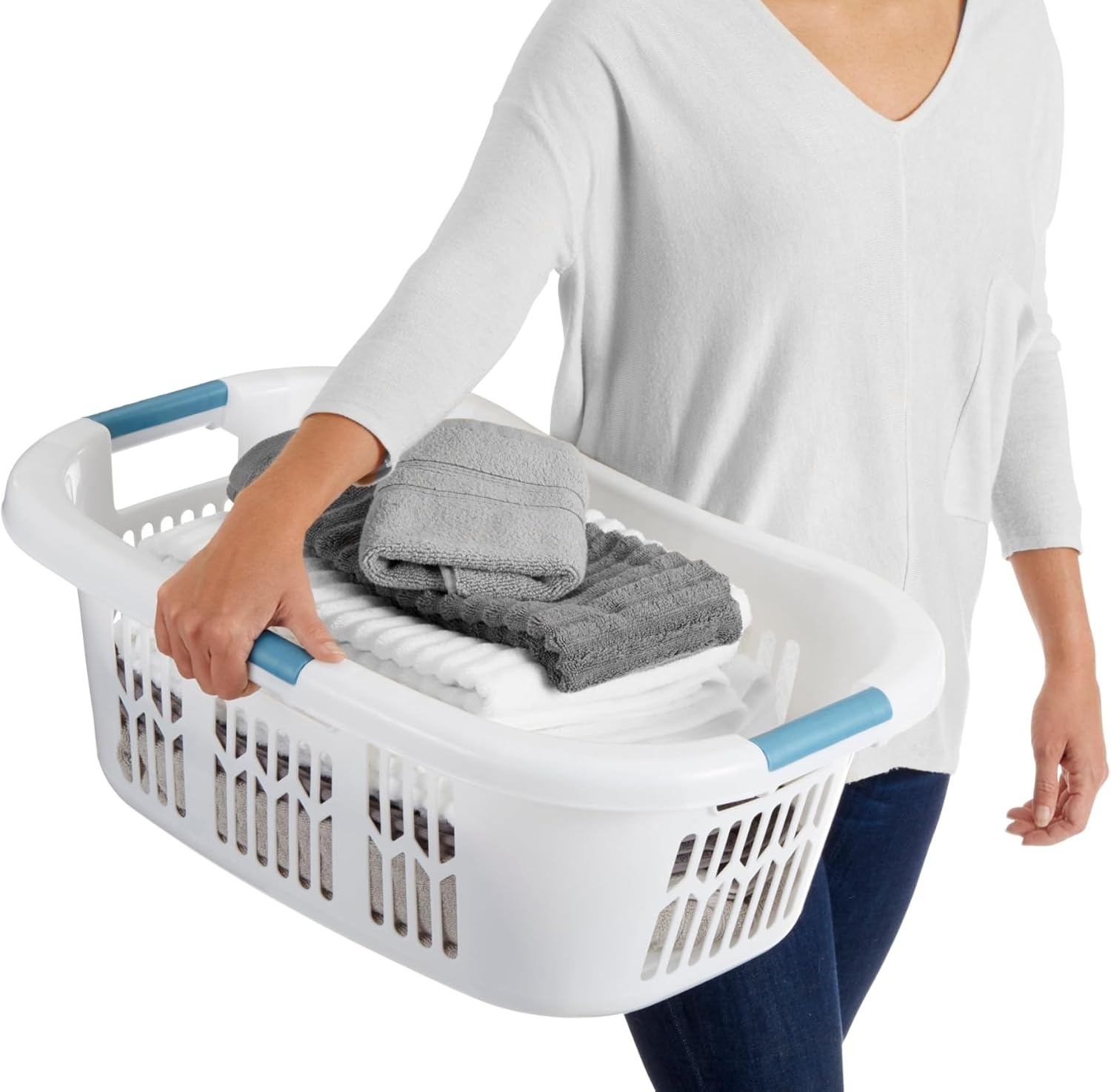 image:imageRubbermaid Large HipHugger Laundry BasketHamper 15Bushel White Stackable Storage BinOrganizer for BathroomBedroomDormHome15 Bushel