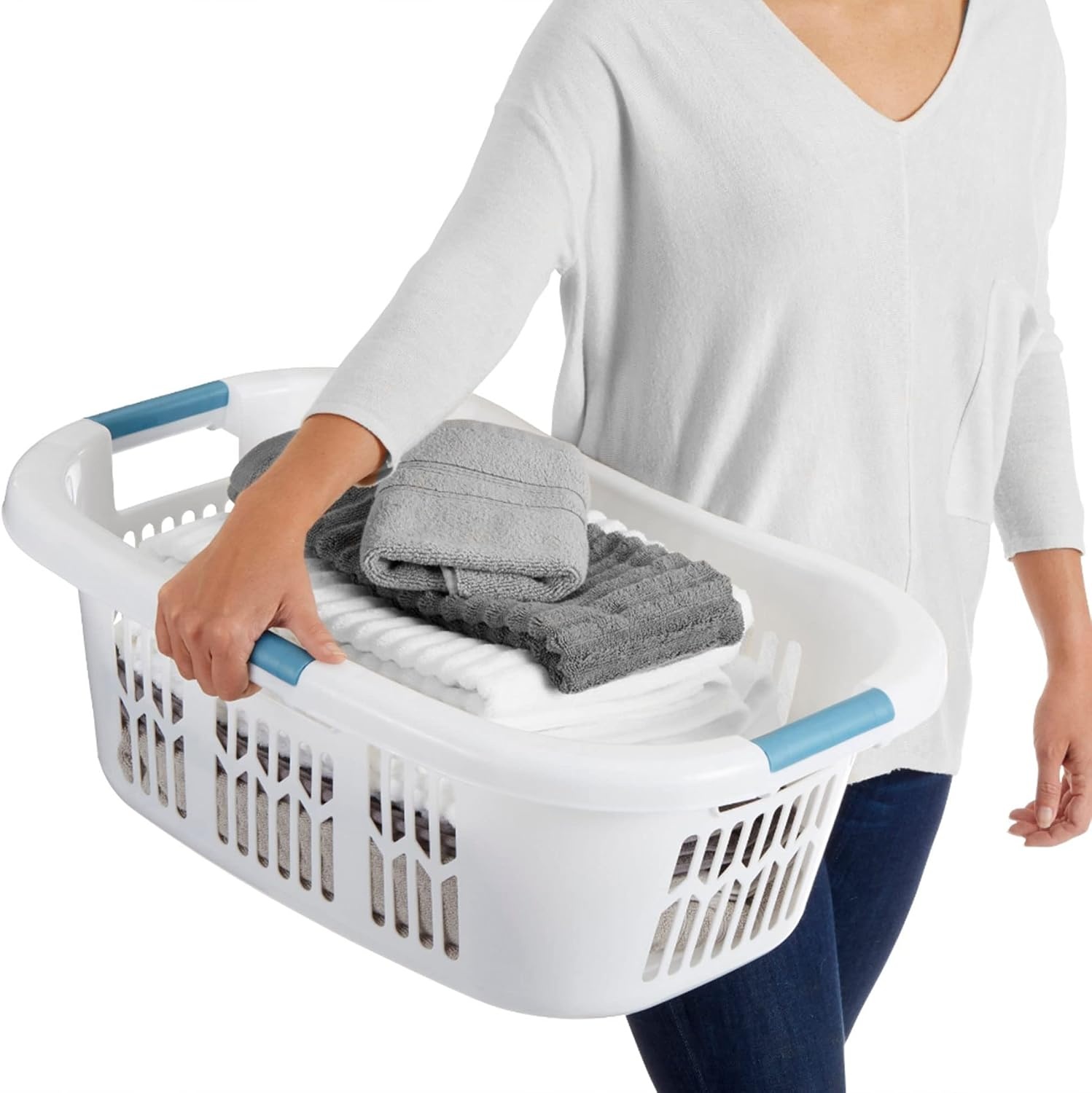 image:imageRubbermaid Large HipHugger Laundry BasketHamper 15Bushel White Stackable Storage BinOrganizer for BathroomBedroomDormHome21 Bushel