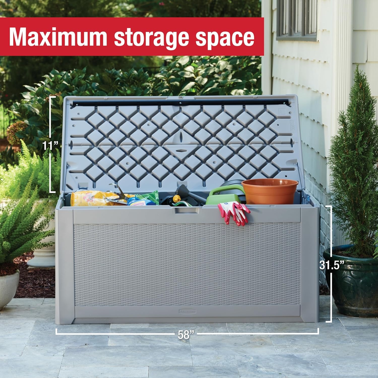 image:imageRubbermaid Medium Resin Outdoor Storage Deck Box 74 Gal Weather Resistant Gray Deck Organization for HomeBackyardPool ChemicalsToysGarden ToolsPorchPatio CushionsGray