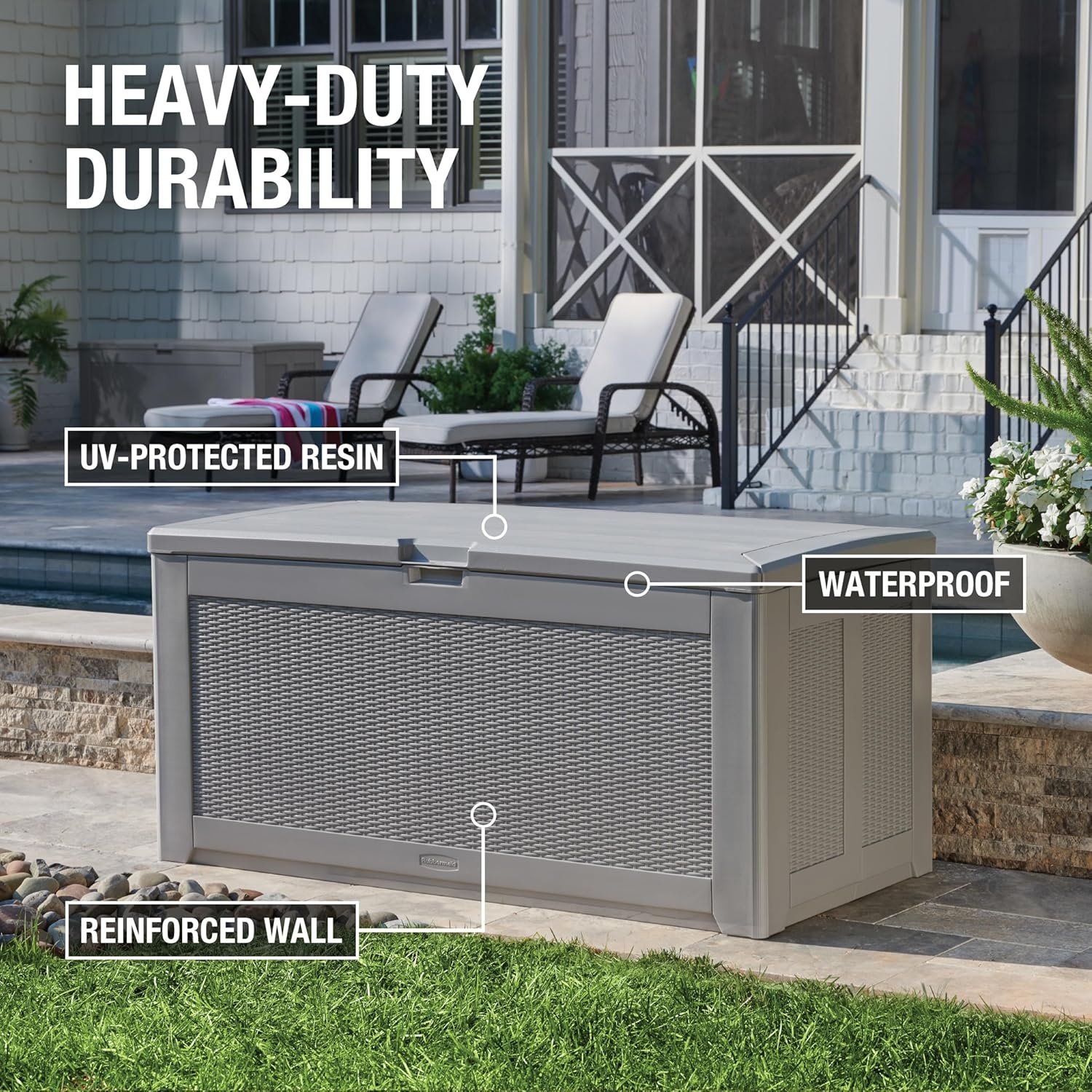 image:imageRubbermaid Medium Resin Outdoor Storage Deck Box 74 Gal Weather Resistant Gray Deck Organization for HomeBackyardPool ChemicalsToysGarden ToolsPorchPatio CushionsGray
