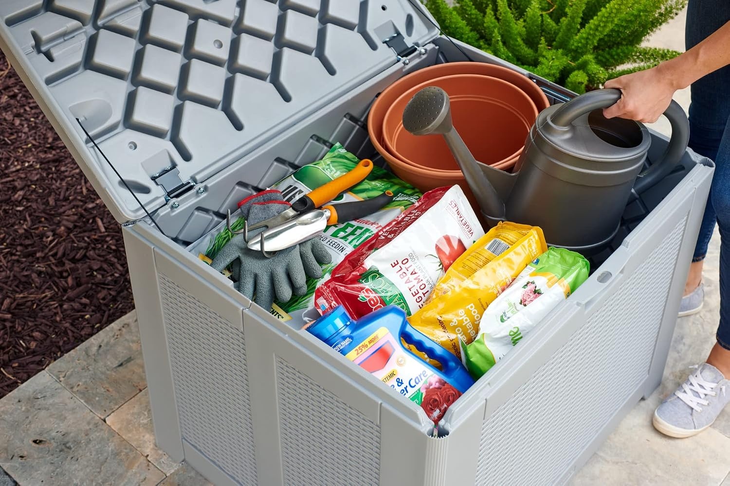 image:imageRubbermaid Medium Resin Outdoor Storage Deck Box 74 Gal Weather Resistant Gray Deck Organization for HomeBackyardPool ChemicalsToysGarden ToolsPorchPatio CushionsGray