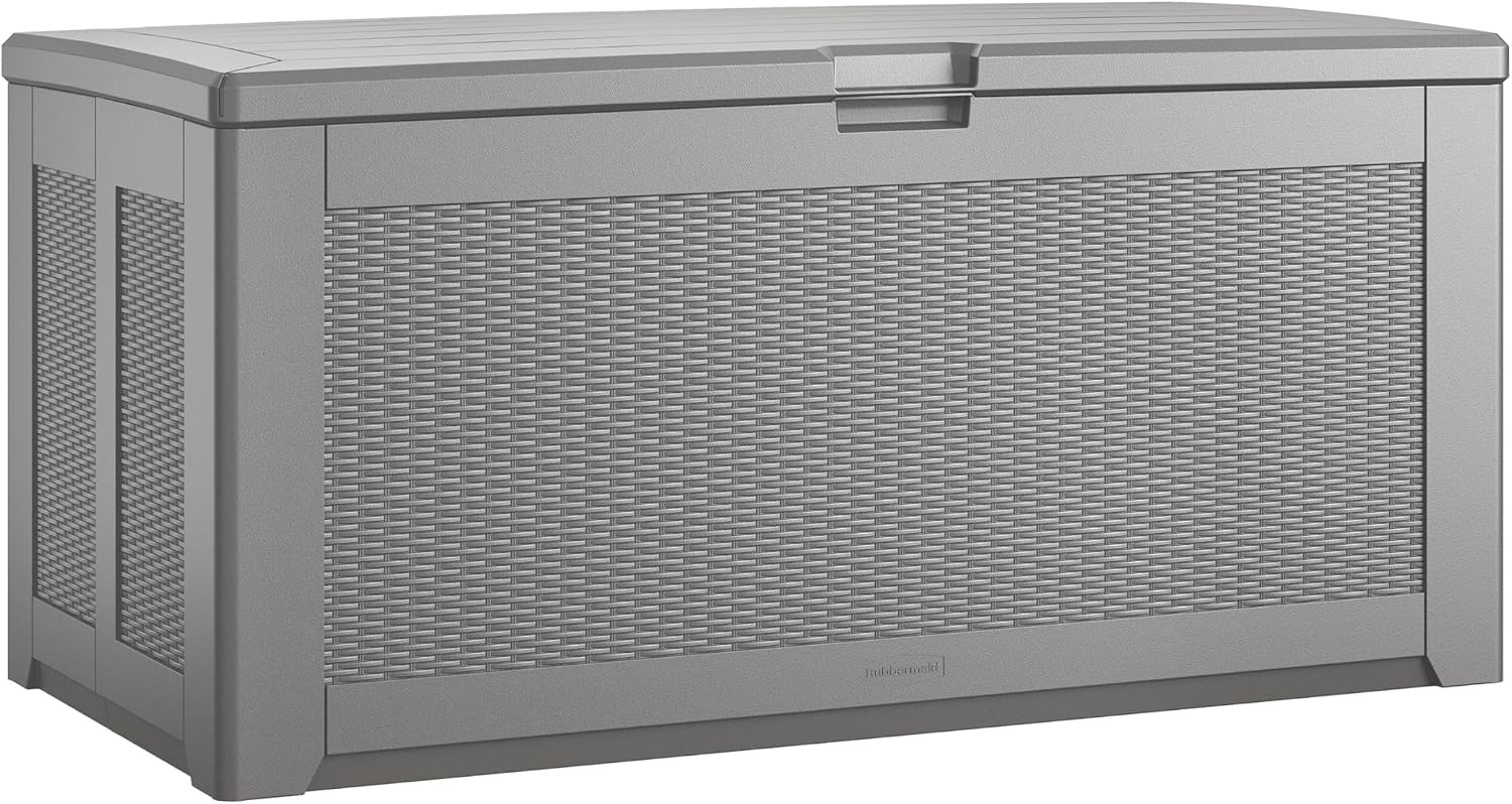 image:imageRubbermaid Medium Resin Outdoor Storage Deck Box 74 Gal Weather Resistant Gray Deck Organization for HomeBackyardPool ChemicalsToysGarden ToolsPorchPatio CushionsGray