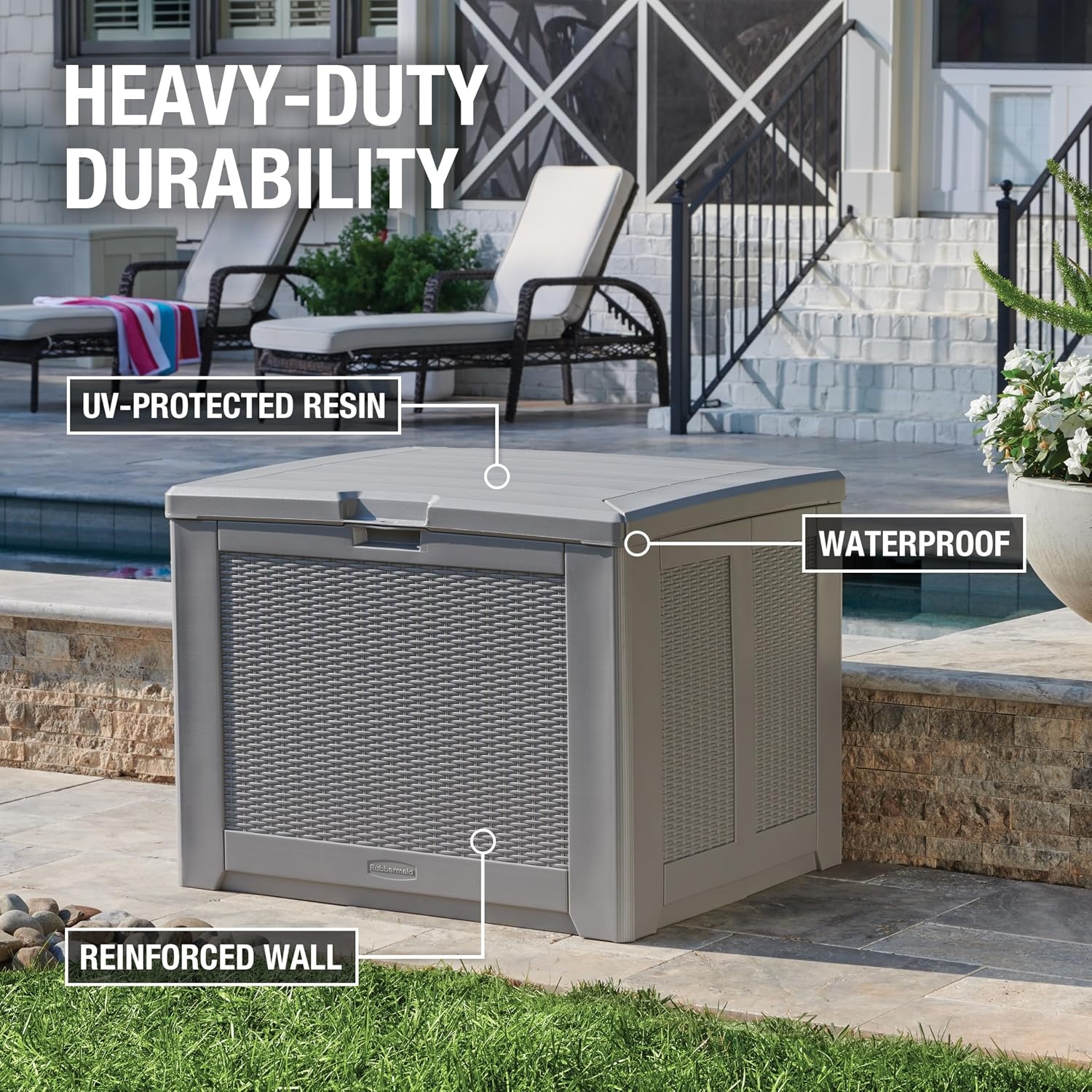 image:imageRubbermaid Medium Resin Outdoor Storage Deck Box 74 Gal Weather Resistant Gray Deck Organization for HomeBackyardPool ChemicalsToysGarden ToolsPorchPatio CushionsGray