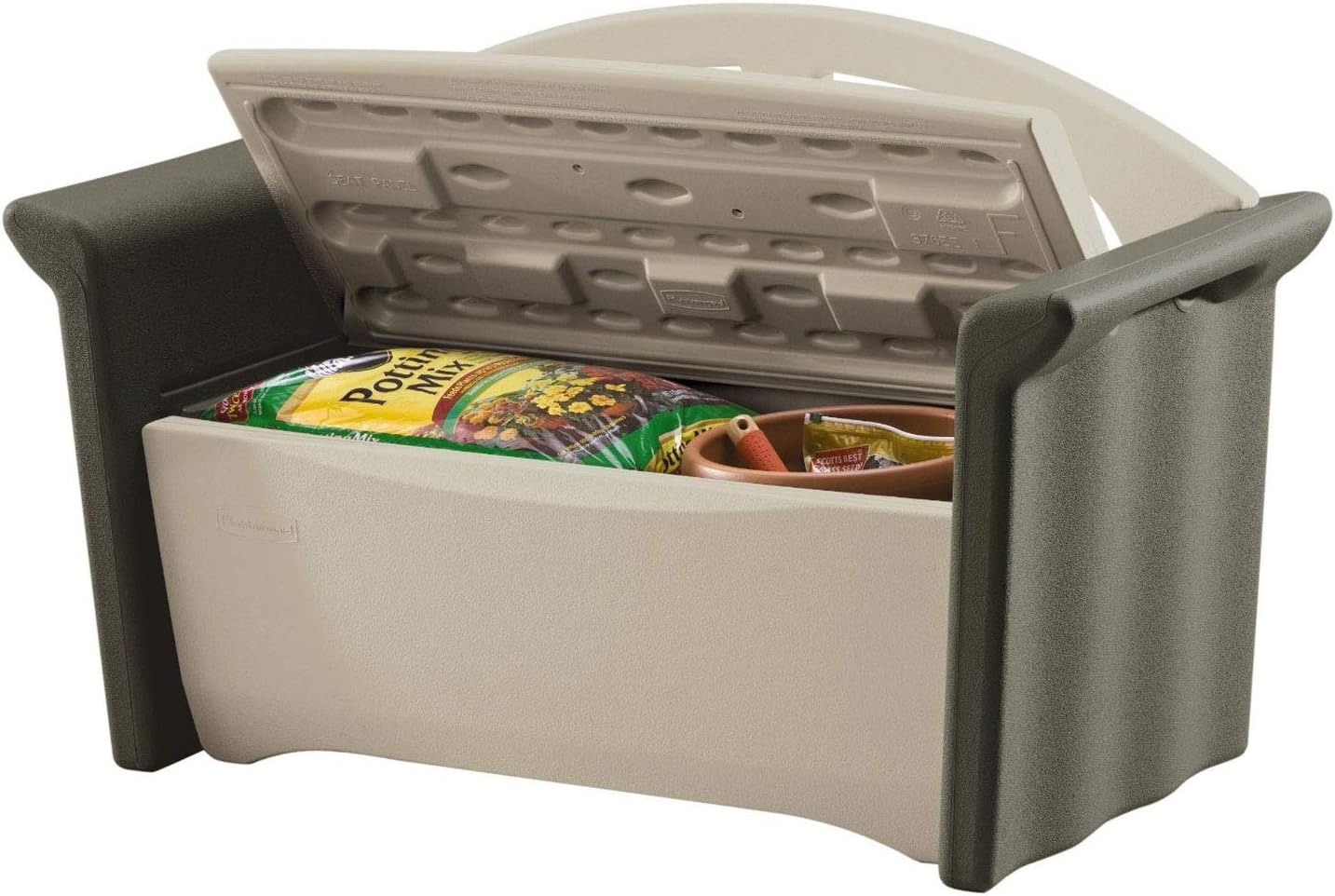 image:imageRubbermaid Resin Outdoor Storage Bench 32 Gal Weather Resistant BrownGrey Deck Organization for HomeBackyardPool ChemicalsToysGarden ToolsPorchPatio Cushions