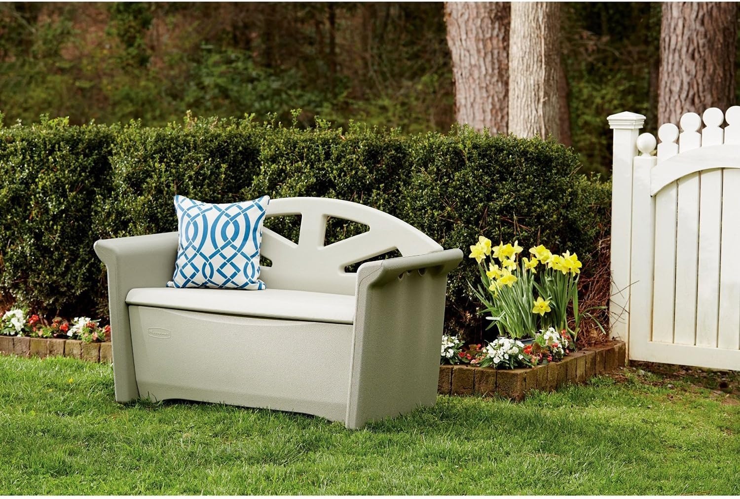 image:imageRubbermaid Resin Outdoor Storage Bench 32 Gal Weather Resistant BrownGrey Deck Organization for HomeBackyardPool ChemicalsToysGarden ToolsPorchPatio Cushions