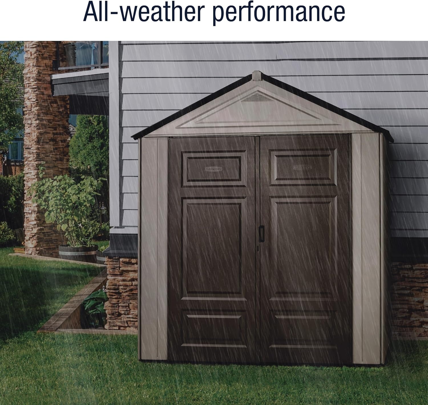 image:imageRubbermaid Resin Outdoor Storage Shed With Floor 7 x 35 Ft Weather Resistant BrownGrey Organization for HomeLawn MowerBackyard EquipmentBike StoragePool SuppliesBrown