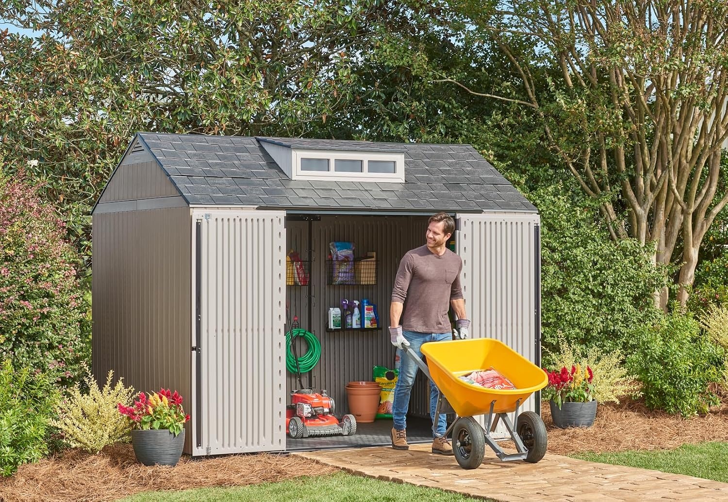 image:imageRubbermaid Resin Outdoor Storage Shed With Floor 7 x 35 Ft Weather Resistant BrownGrey Organization for HomeLawn MowerBackyard EquipmentBike StoragePool SuppliesBrown