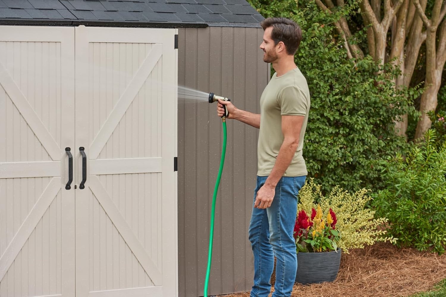 image:imageRubbermaid Resin Outdoor Storage Shed With Floor 7 x 35 Ft Weather Resistant BrownGrey Organization for HomeLawn MowerBackyard EquipmentBike StoragePool SuppliesBrown