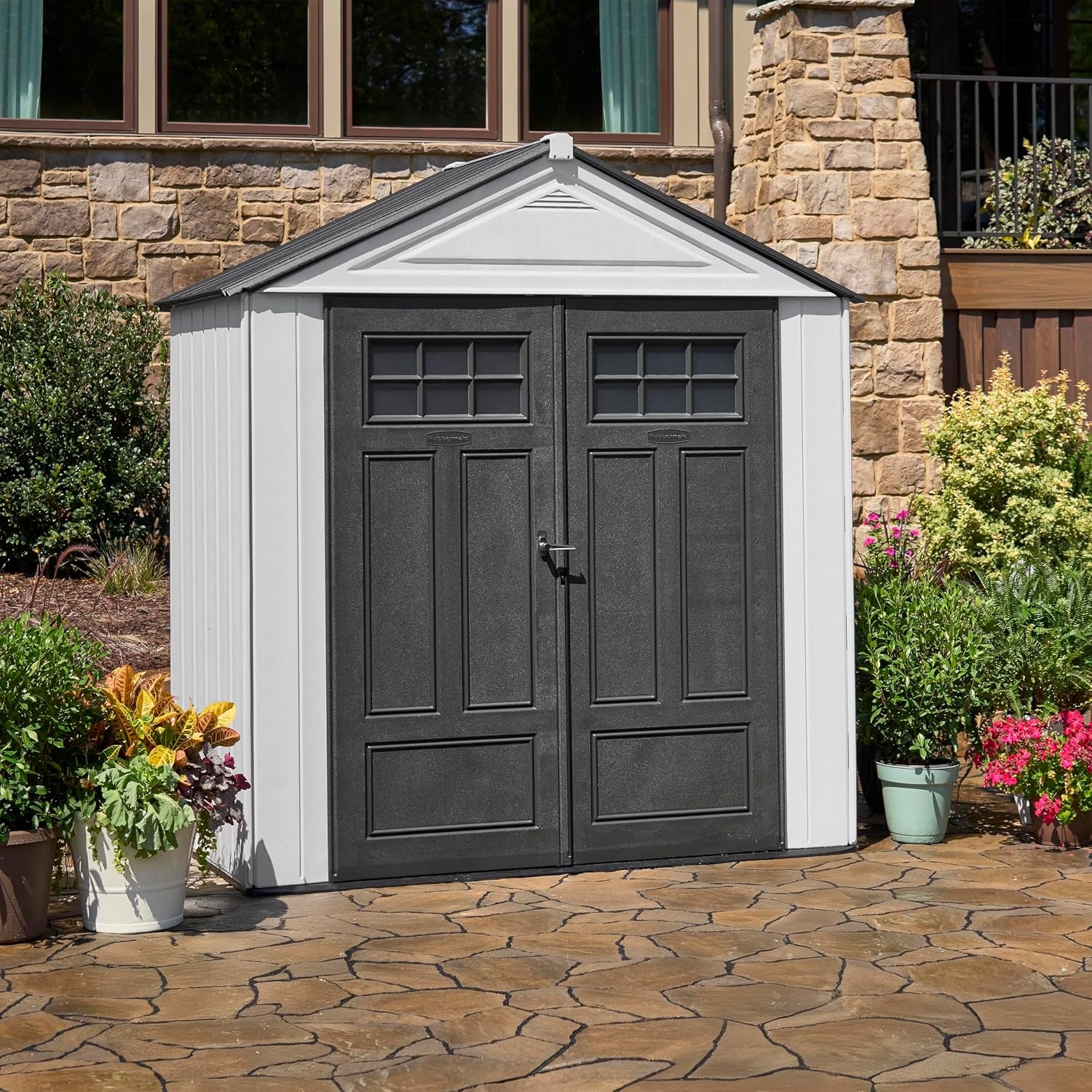 image:imageRubbermaid Resin Outdoor Storage Shed With Floor 7 x 35 Ft Weather Resistant BrownGrey Organization for HomeLawn MowerBackyard EquipmentBike StoragePool SuppliesWinter Fog