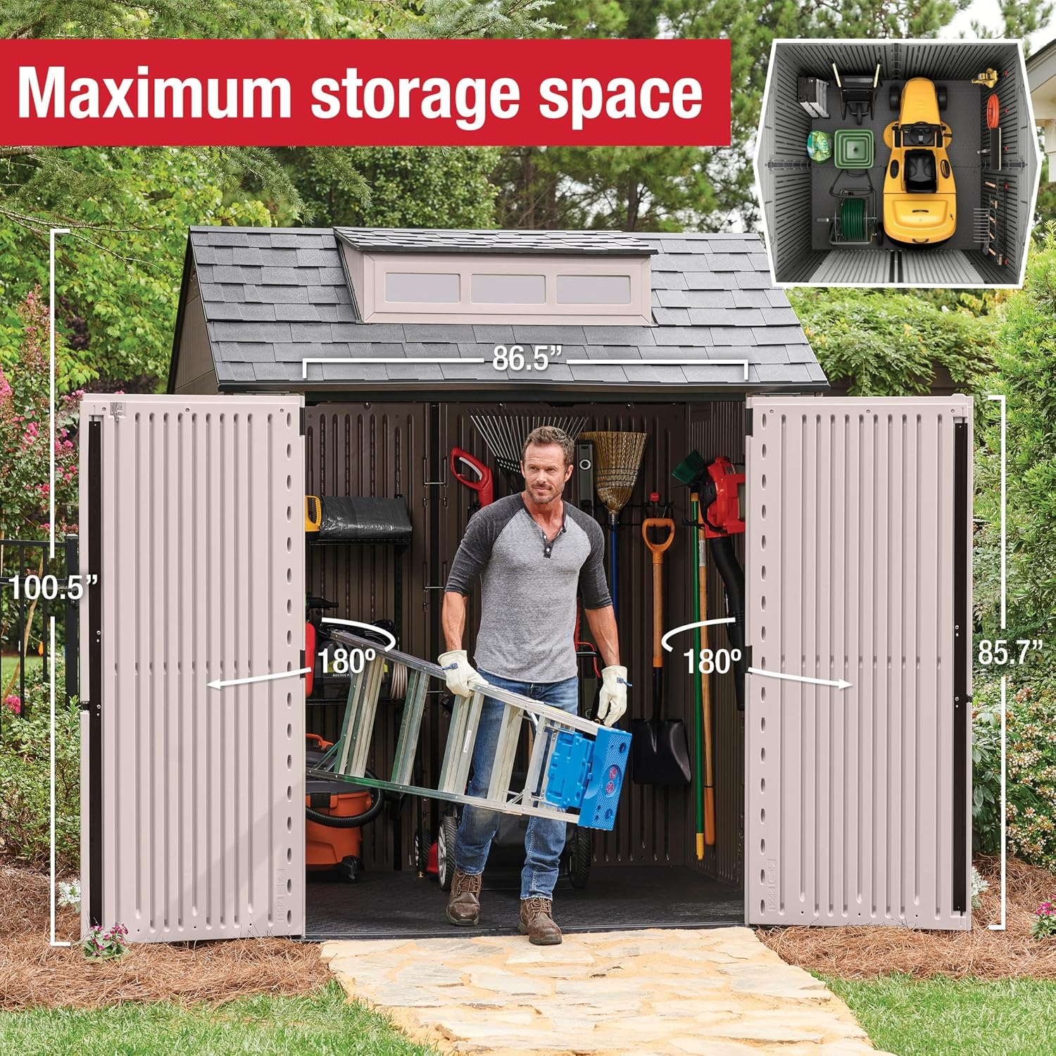 image:imageRubbermaid Resin Outdoor Storage Shed With Floor 7 x 35 Ft Weather Resistant BrownGrey Organization for HomeLawn MowerBackyard EquipmentBike StoragePool SuppliesBrown
