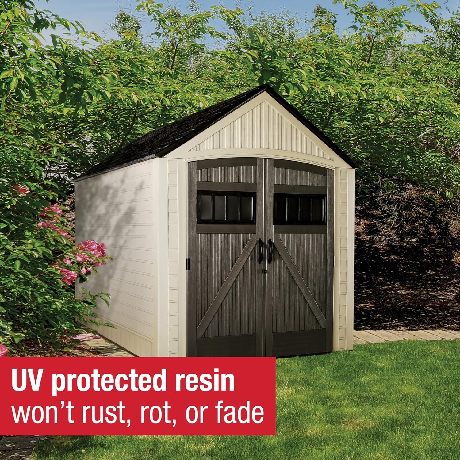 image:imageRubbermaid Resin Outdoor Storage Shed With Floor 7 x 35 Ft Weather Resistant BrownGrey Organization for HomeLawn MowerBackyard EquipmentBike StoragePool SuppliesLight Brown
