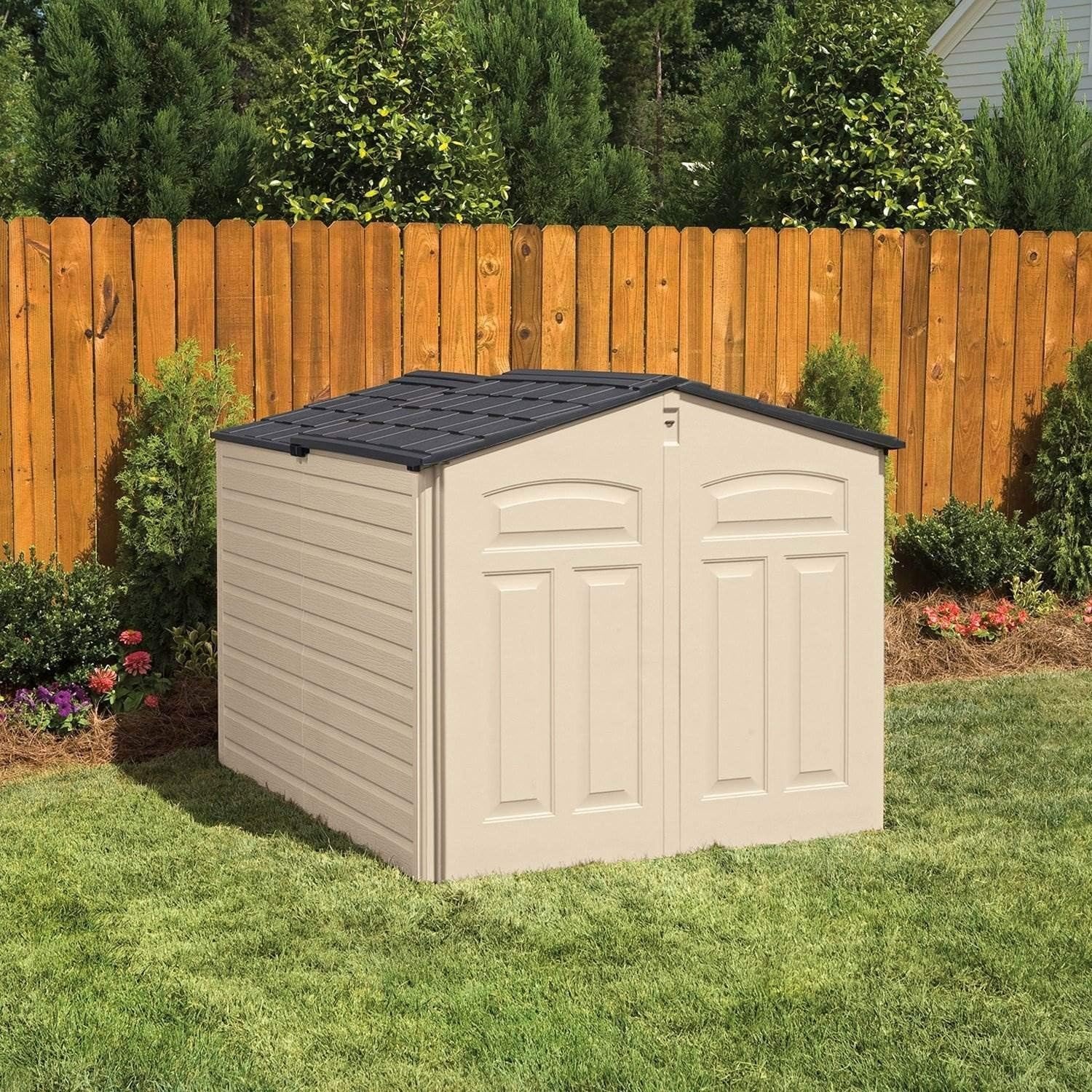 image:imageRubbermaid Resin Outdoor Storage Shed With Floor 7 x 35 Ft Weather Resistant BrownGrey Organization for HomeLawn MowerBackyard EquipmentBike StoragePool SuppliesBeige