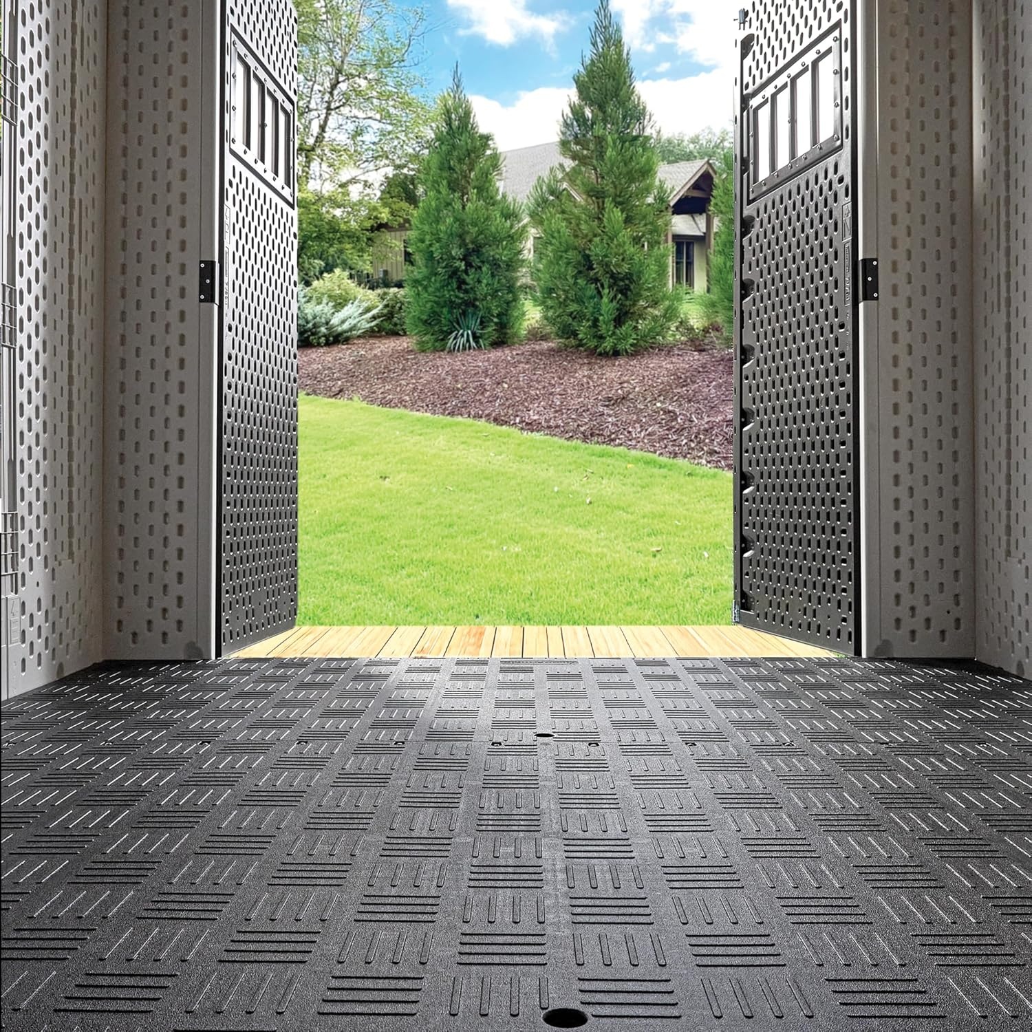 image:imageRubbermaid Resin Outdoor Storage Shed With Floor 7 x 35 Ft Weather Resistant BrownGrey Organization for HomeLawn MowerBackyard EquipmentBike StoragePool SuppliesWinter Fog