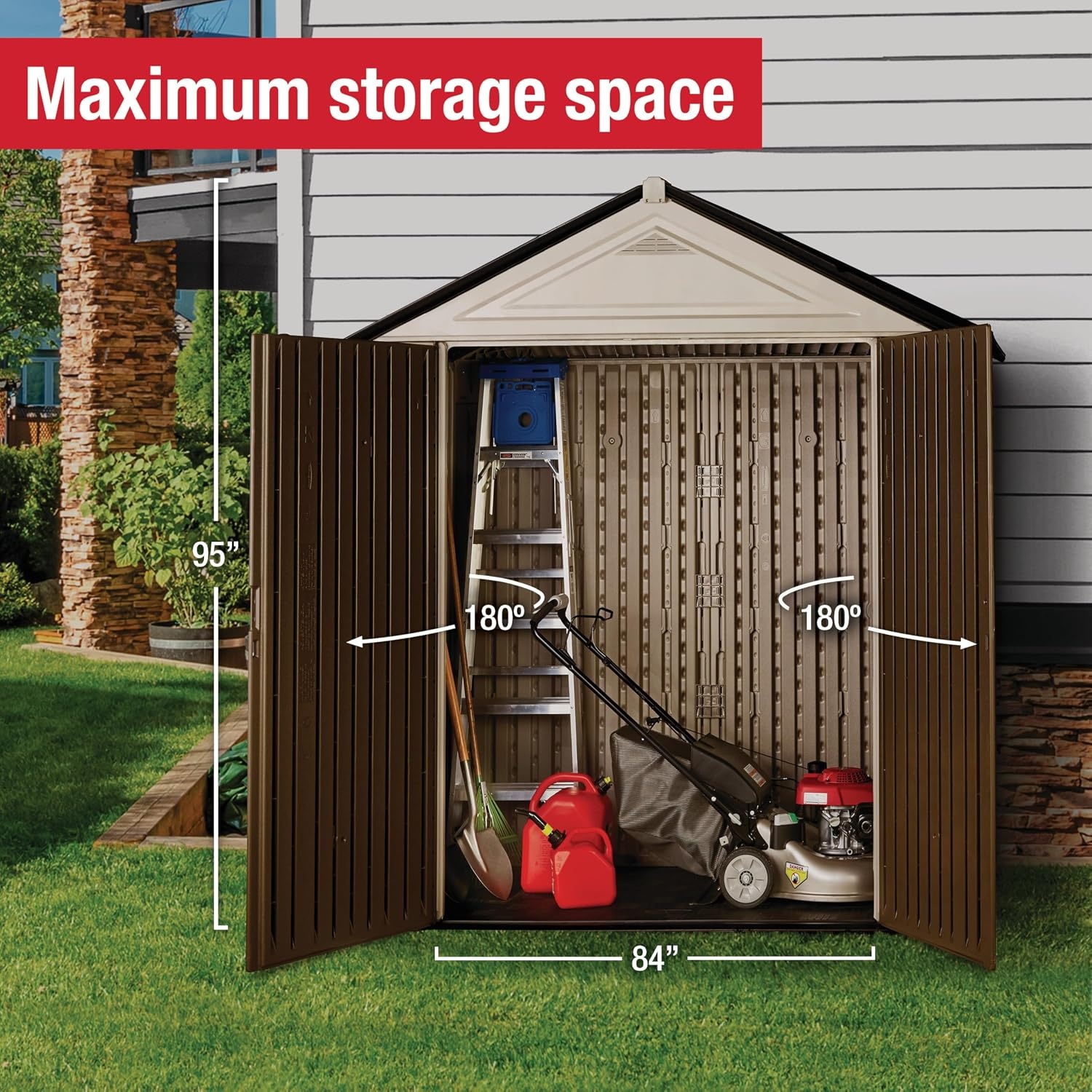 image:imageRubbermaid Resin Outdoor Storage Shed With Floor 7 x 35 Ft Weather Resistant BrownGrey Organization for HomeLawn MowerBackyard EquipmentBike StoragePool SuppliesBrown