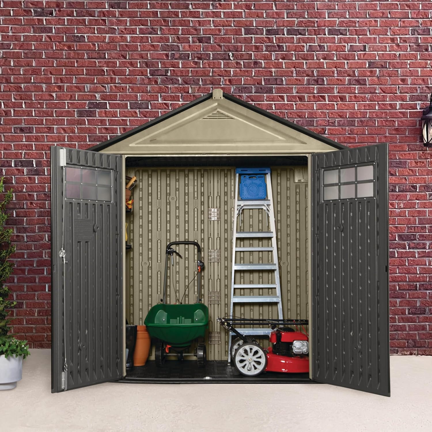 image:imageRubbermaid Resin Outdoor Storage Shed With Floor 7 x 35 Ft Weather Resistant BrownGrey Organization for HomeLawn MowerBackyard EquipmentBike StoragePool SuppliesLight Brown