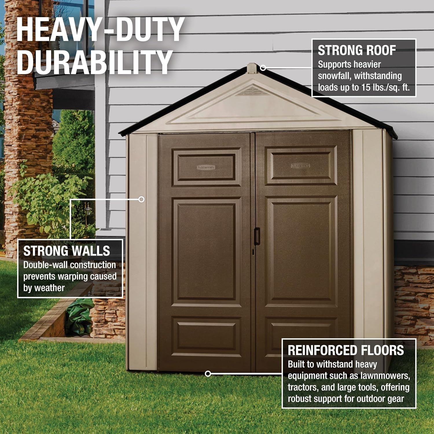 image:imageRubbermaid Resin Outdoor Storage Shed With Floor 7 x 35 Ft Weather Resistant BrownGrey Organization for HomeLawn MowerBackyard EquipmentBike StoragePool SuppliesBrown