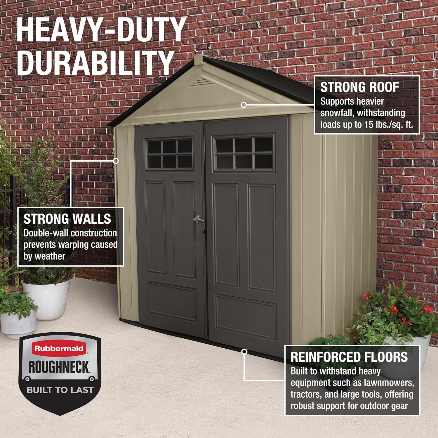 image:imageRubbermaid Resin Outdoor Storage Shed With Floor 7 x 35 Ft Weather Resistant BrownGrey Organization for HomeLawn MowerBackyard EquipmentBike StoragePool SuppliesLight Brown