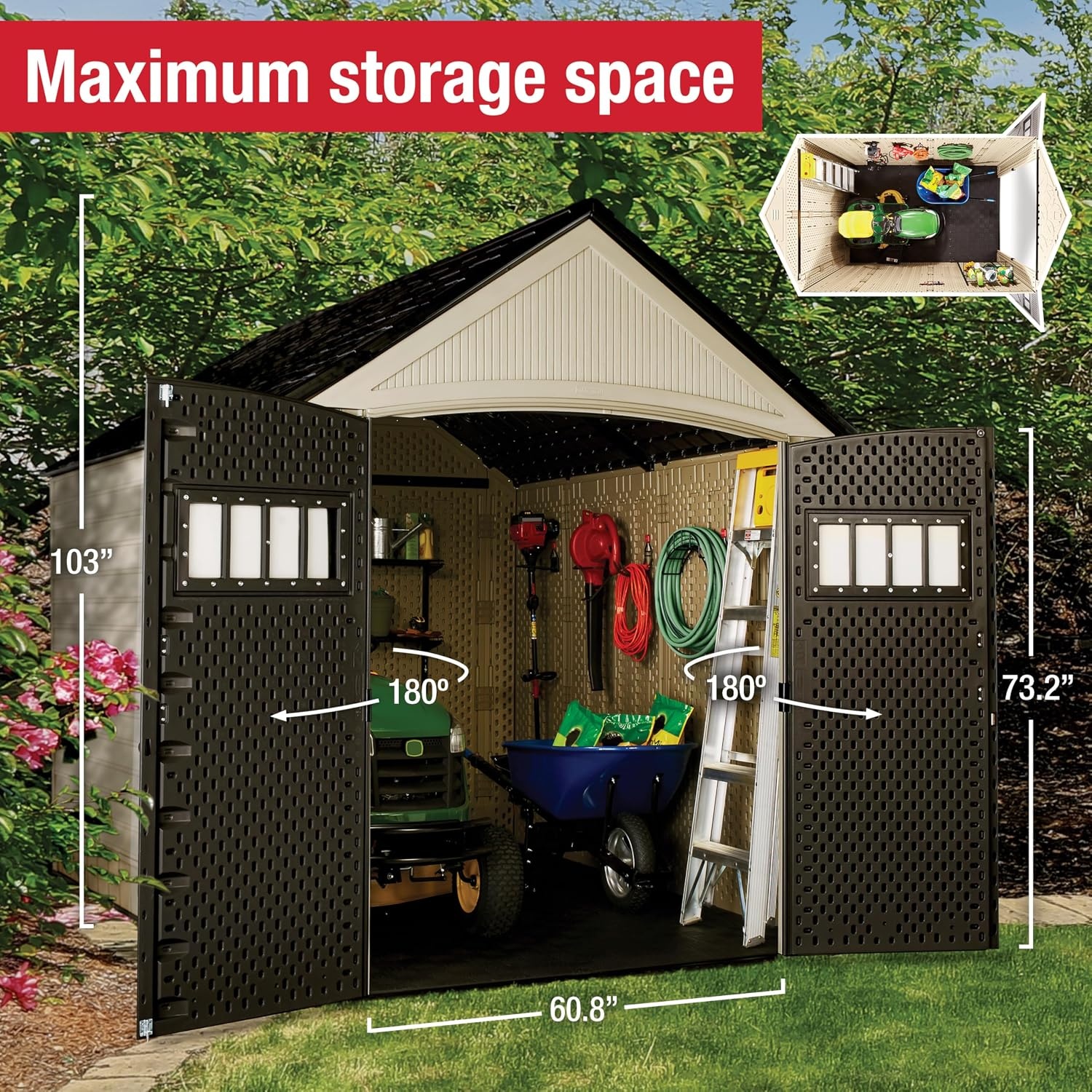 image:imageRubbermaid Resin Outdoor Storage Shed With Floor 7 x 35 Ft Weather Resistant BrownGrey Organization for HomeLawn MowerBackyard EquipmentBike StoragePool SuppliesLight Brown