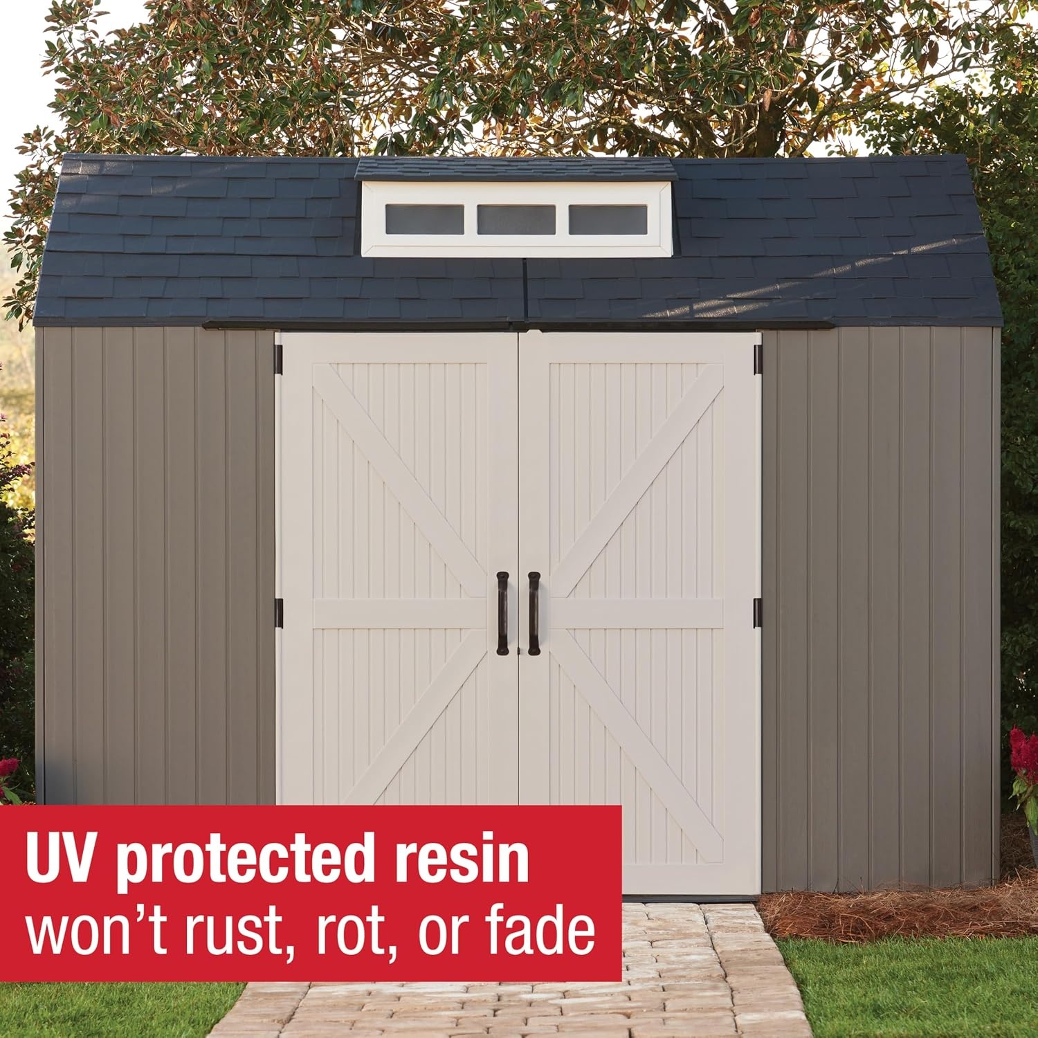 image:imageRubbermaid Resin Outdoor Storage Shed With Floor 7 x 35 Ft Weather Resistant BrownGrey Organization for HomeLawn MowerBackyard EquipmentBike StoragePool SuppliesBrown