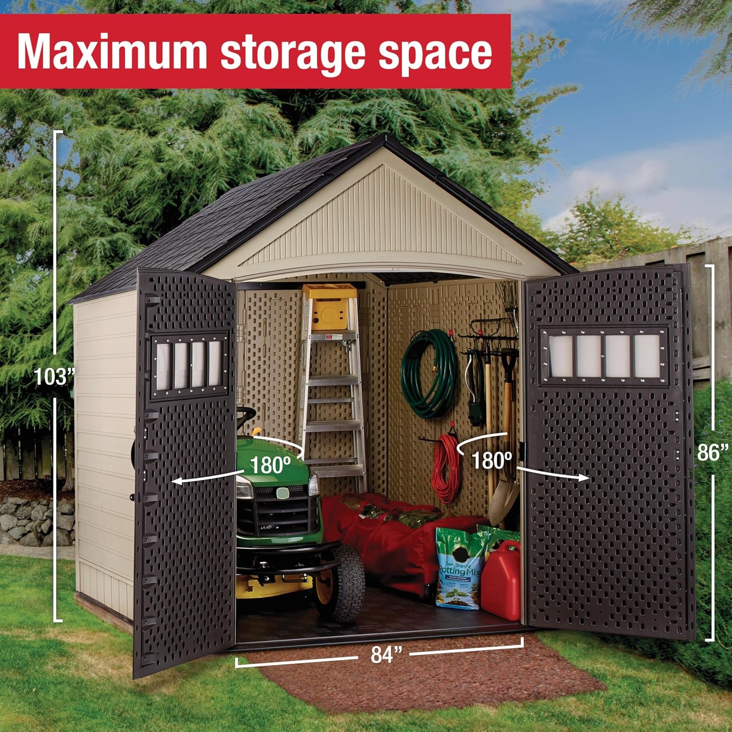 image:imageRubbermaid Resin Outdoor Storage Shed With Floor 7 x 35 Ft Weather Resistant BrownGrey Organization for HomeLawn MowerBackyard EquipmentBike StoragePool SuppliesLight Brown