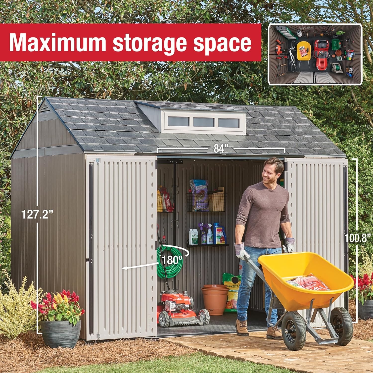 image:imageRubbermaid Resin Outdoor Storage Shed With Floor 7 x 35 Ft Weather Resistant BrownGrey Organization for HomeLawn MowerBackyard EquipmentBike StoragePool SuppliesBrown