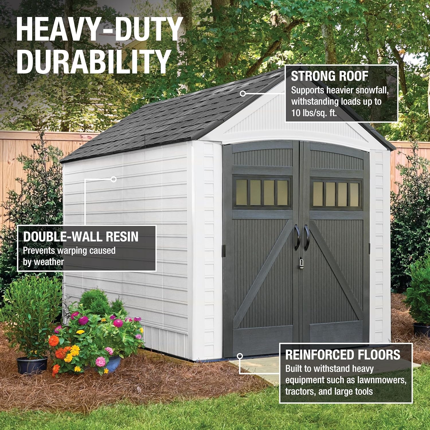 image:imageRubbermaid Resin Outdoor Storage Shed With Floor 7 x 35 Ft Weather Resistant BrownGrey Organization for HomeLawn MowerBackyard EquipmentBike StoragePool SuppliesWinter Fog