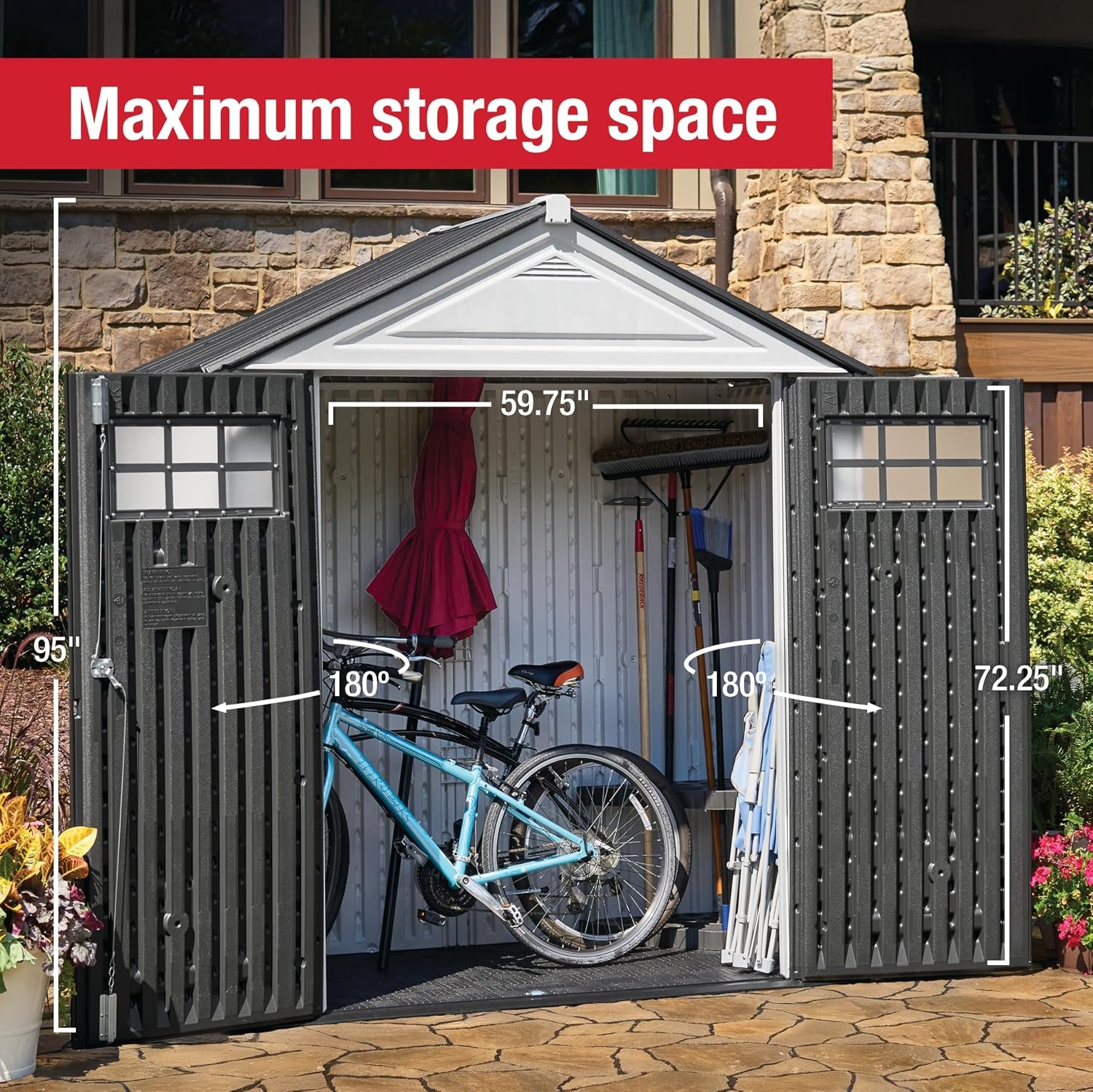 image:imageRubbermaid Resin Outdoor Storage Shed With Floor 7 x 35 Ft Weather Resistant BrownGrey Organization for HomeLawn MowerBackyard EquipmentBike StoragePool SuppliesWinter Fog
