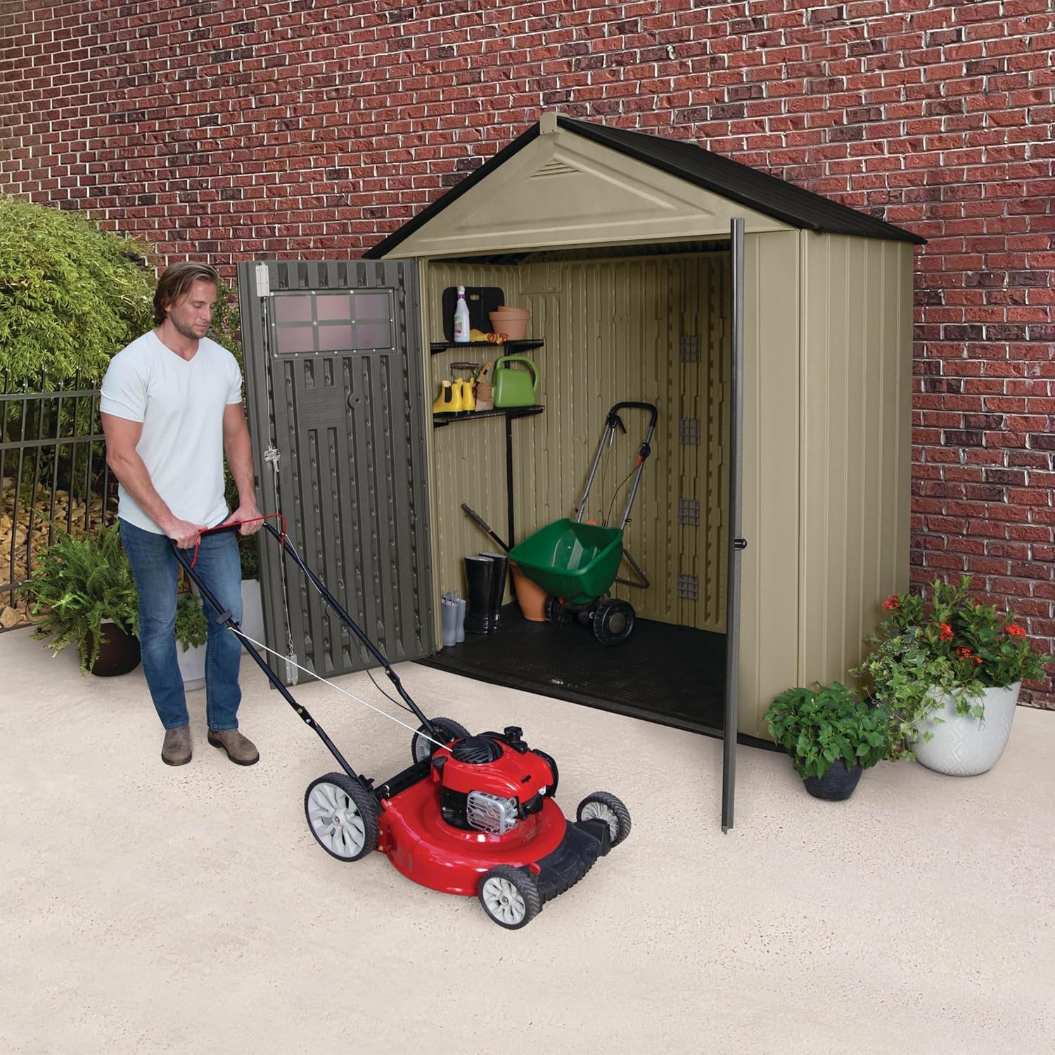 image:imageRubbermaid Resin Outdoor Storage Shed With Floor 7 x 35 Ft Weather Resistant BrownGrey Organization for HomeLawn MowerBackyard EquipmentBike StoragePool SuppliesLight Brown
