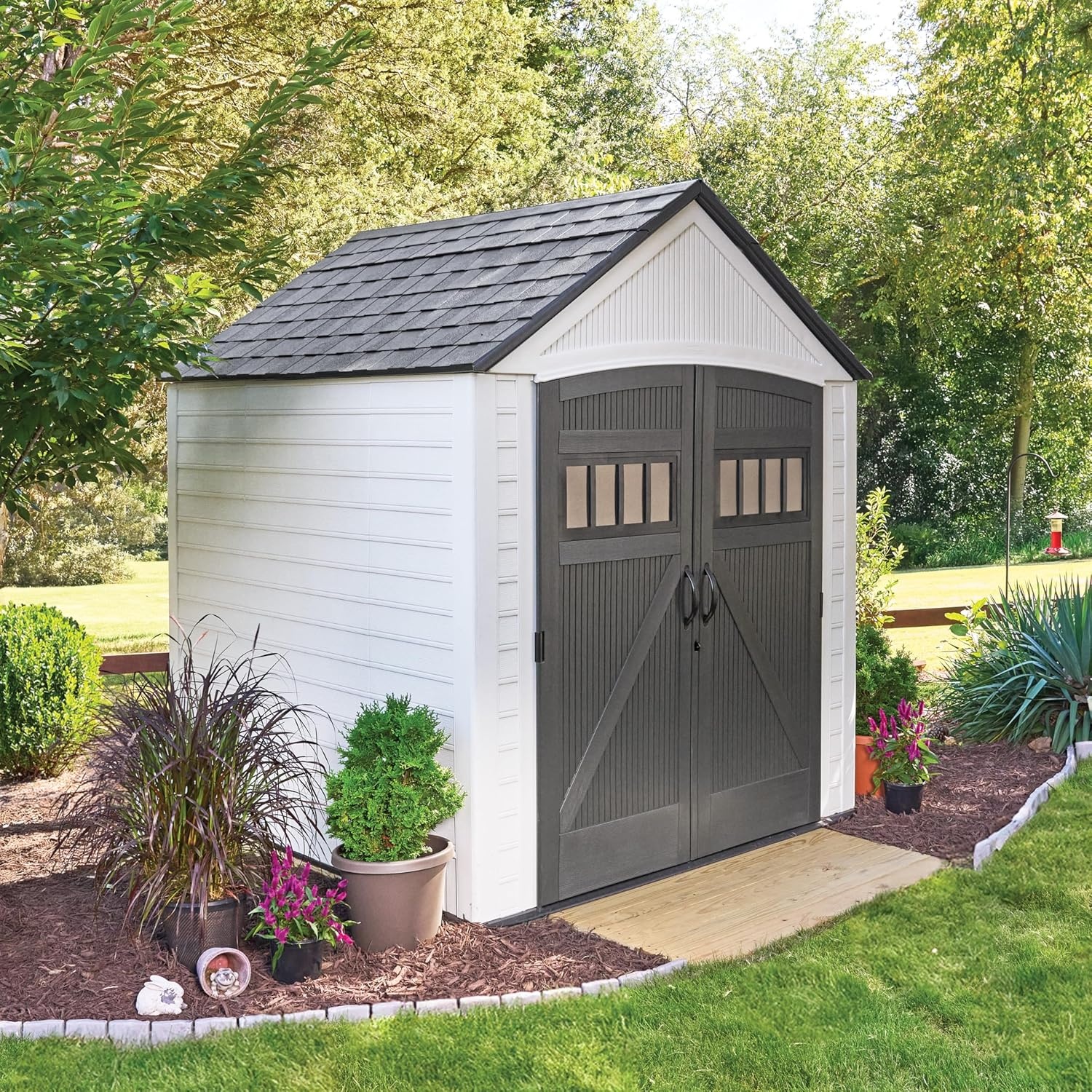 image:imageRubbermaid Resin Outdoor Storage Shed With Floor 7 x 35 Ft Weather Resistant BrownGrey Organization for HomeLawn MowerBackyard EquipmentBike StoragePool SuppliesWinter Fog