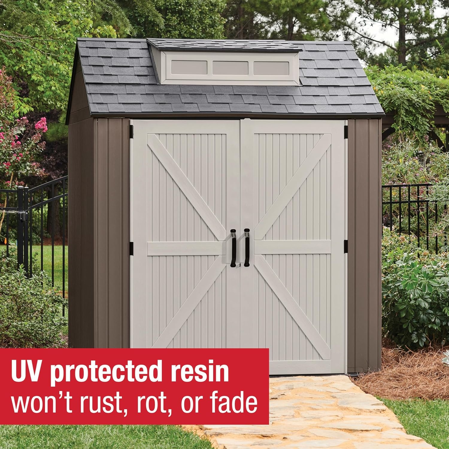 image:imageRubbermaid Resin Outdoor Storage Shed With Floor 7 x 35 Ft Weather Resistant BrownGrey Organization for HomeLawn MowerBackyard EquipmentBike StoragePool SuppliesBrown