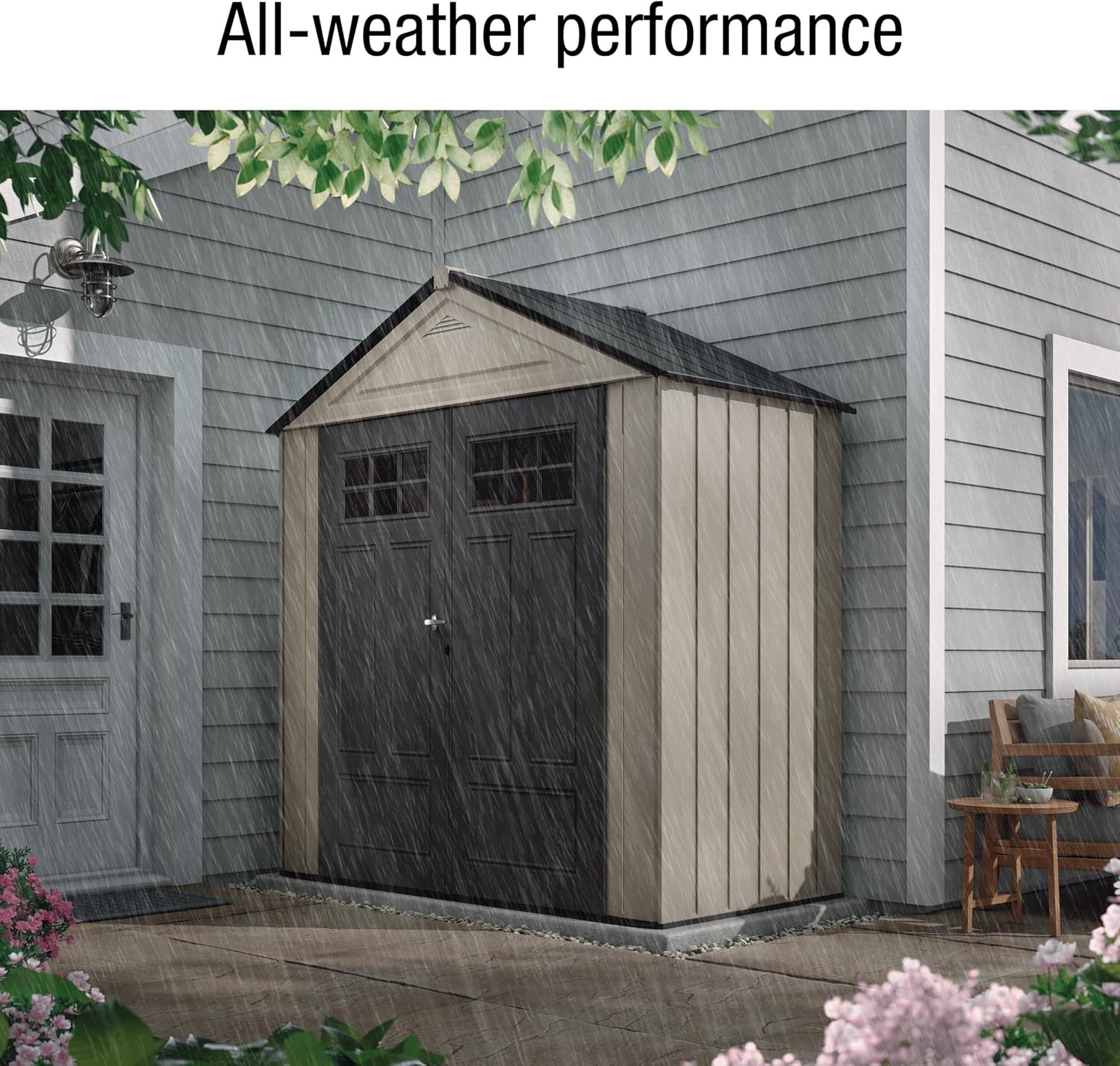 image:imageRubbermaid Resin Outdoor Storage Shed With Floor 7 x 35 Ft Weather Resistant BrownGrey Organization for HomeLawn MowerBackyard EquipmentBike StoragePool SuppliesLight Brown