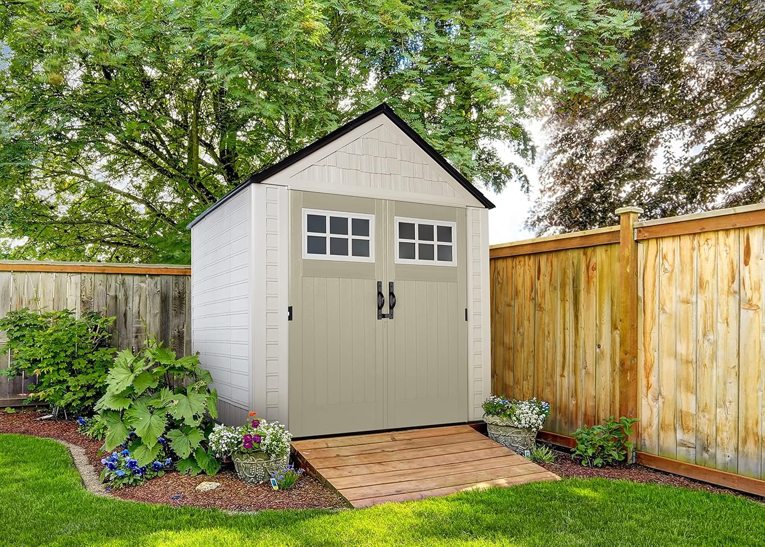 image:imageRubbermaid Resin Outdoor Storage Shed With Floor 7 x 35 Ft Weather Resistant BrownGrey Organization for HomeLawn MowerBackyard EquipmentBike StoragePool SuppliesBeige