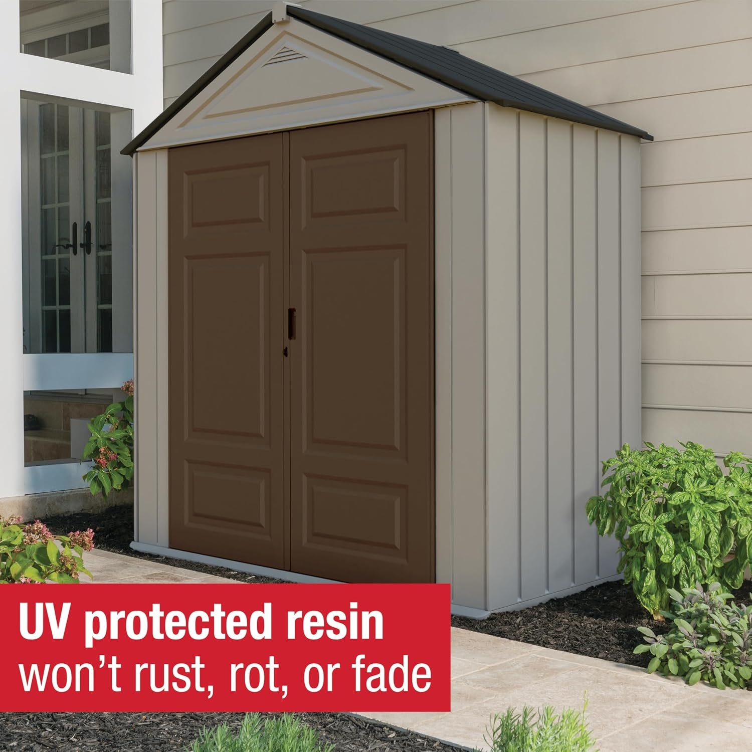image:imageRubbermaid Resin Outdoor Storage Shed With Floor 7 x 35 Ft Weather Resistant BrownGrey Organization for HomeLawn MowerBackyard EquipmentBike StoragePool SuppliesBrown